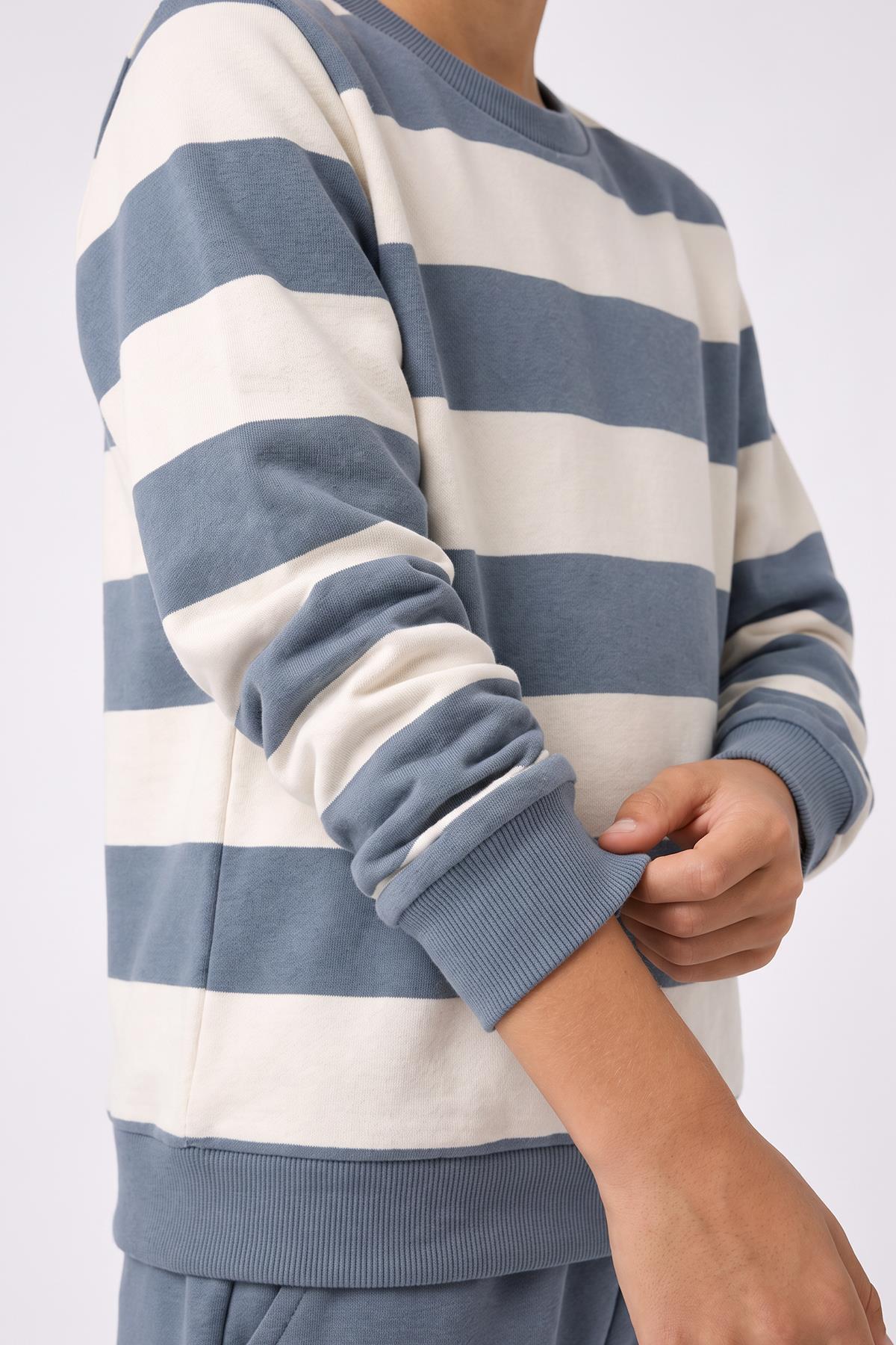 Erkek Çocuk Çizgili Sweatshirt ve Jogger Alt Şardonlu Takım
