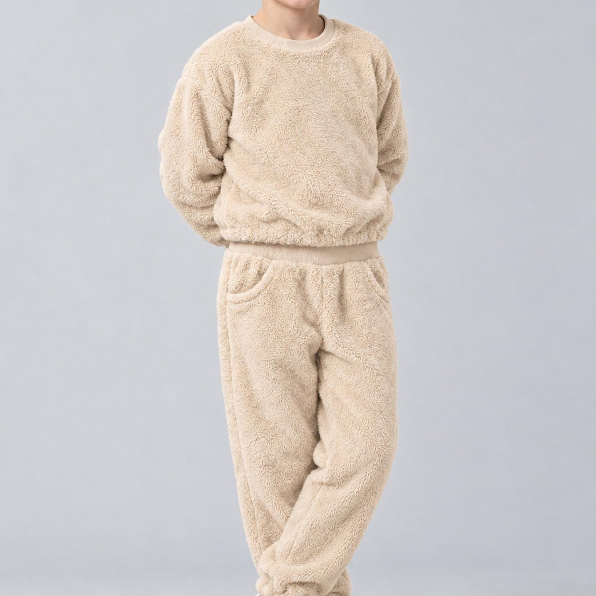 Unisex Çocuk Peluş Sweatshirt ve Jogger Kışlık Eşofman Takımı
