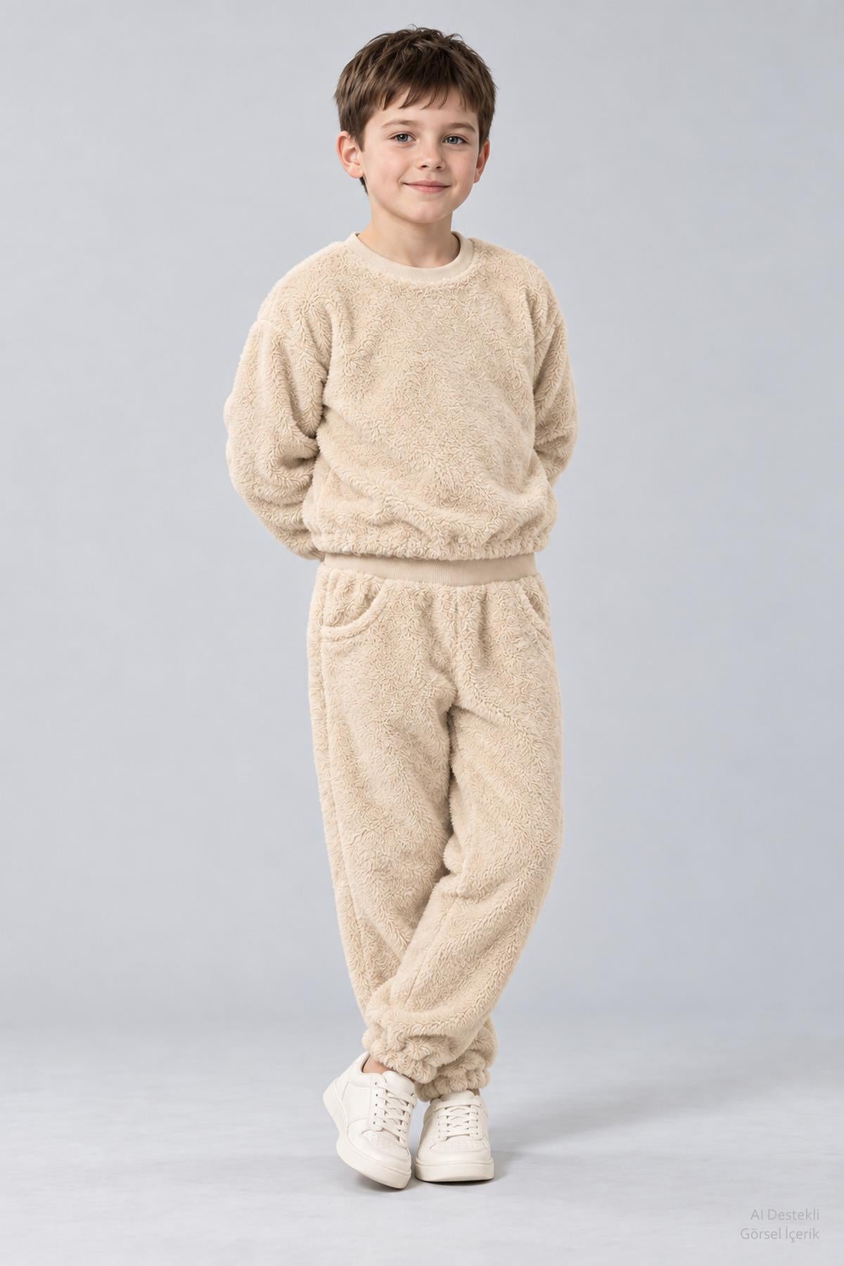 Unisex Çocuk Peluş Sweatshirt ve Jogger Kışlık Eşofman Takımı