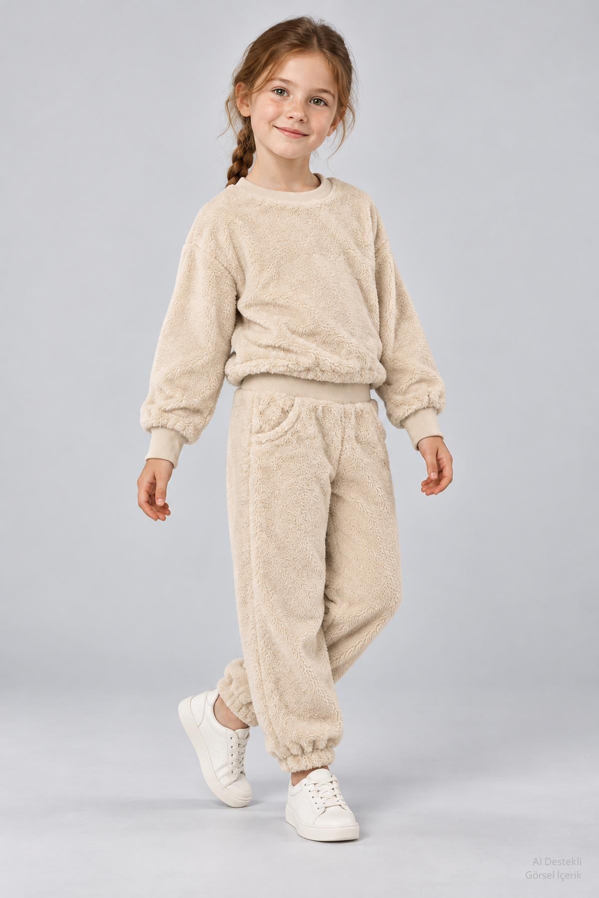 Unisex Çocuk Peluş Sweatshirt ve Jogger Kışlık Eşofman Takımı