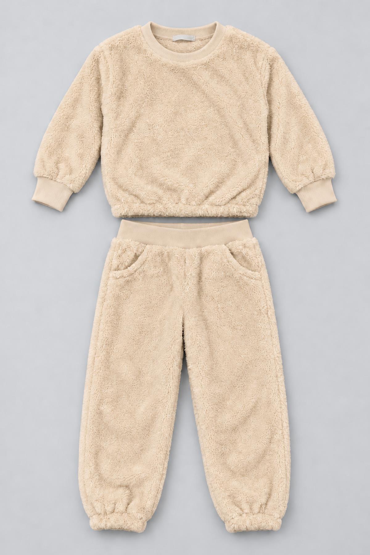 Unisex Çocuk Peluş Sweatshirt ve Jogger Kışlık Eşofman Takımı
