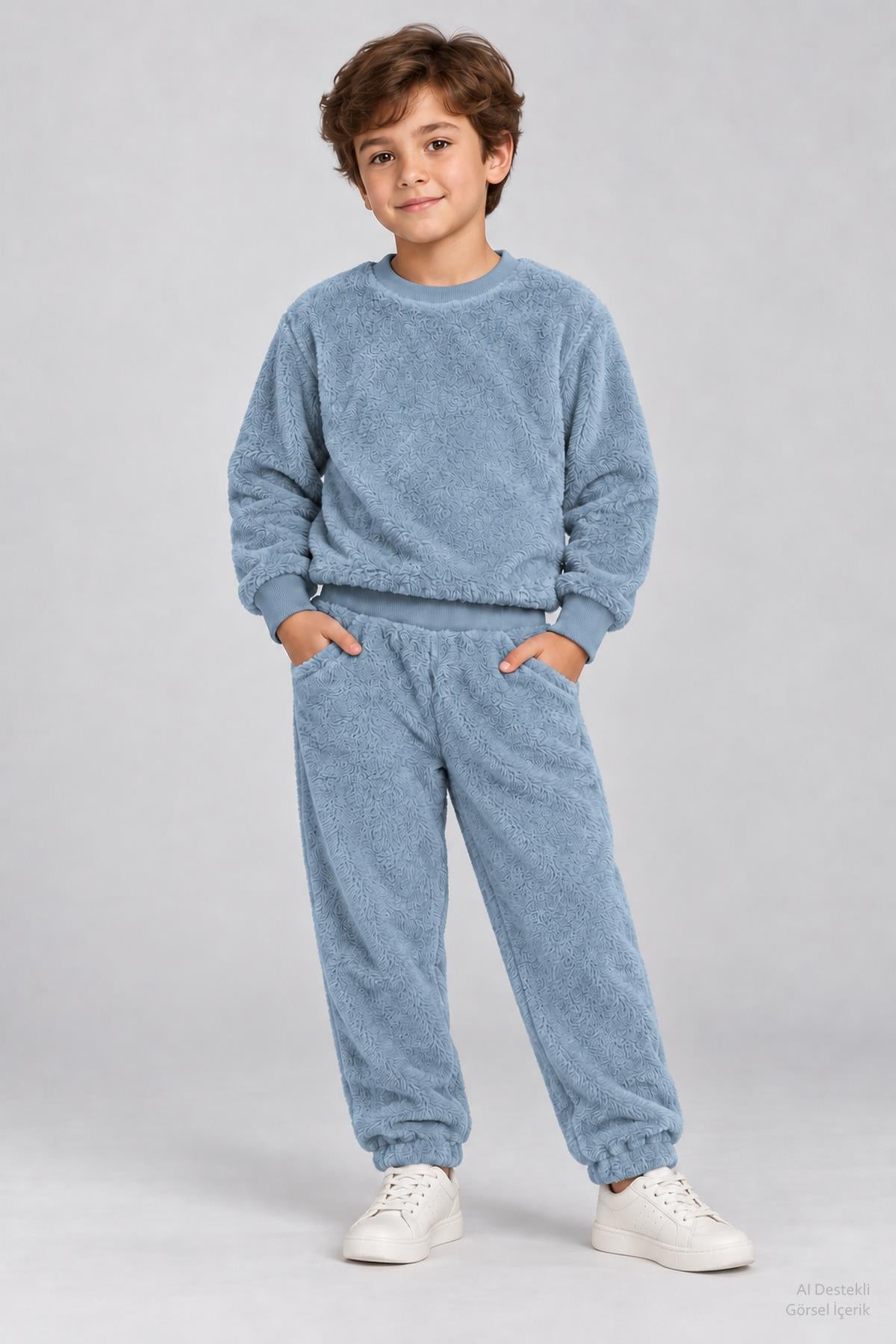 Unisex Çocuk Peluş Sweatshirt ve Jogger Kışlık Eşofman Takımı