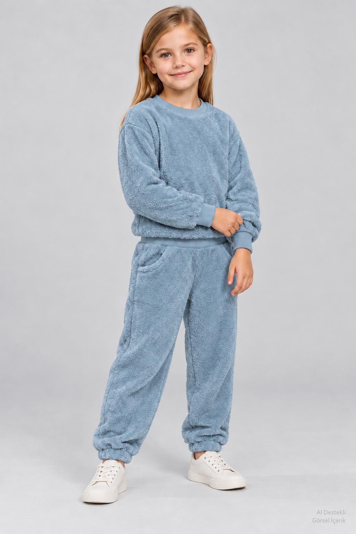 Unisex Çocuk Peluş Sweatshirt ve Jogger Kışlık Eşofman Takımı