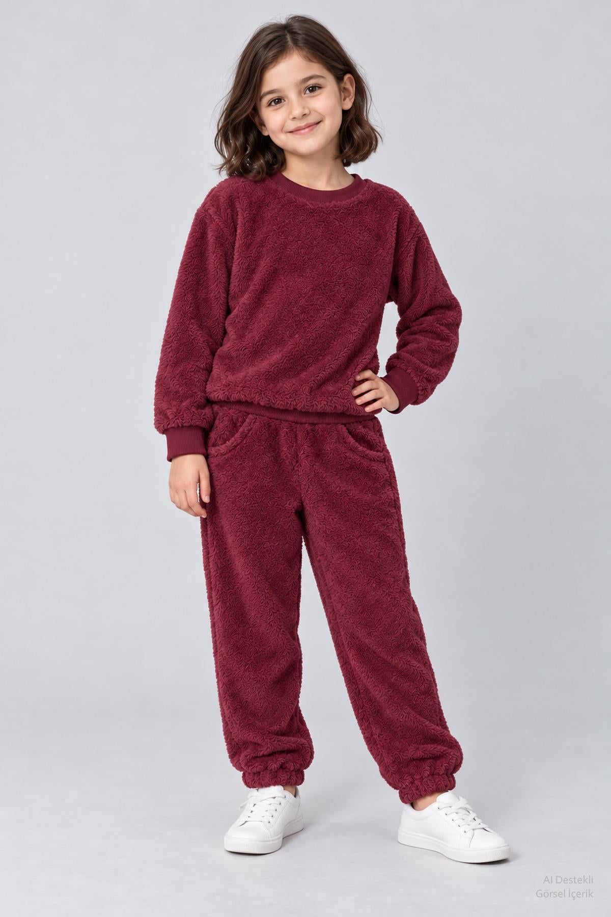 Unisex Çocuk Peluş Sweatshirt ve Jogger Kışlık Eşofman Takımı