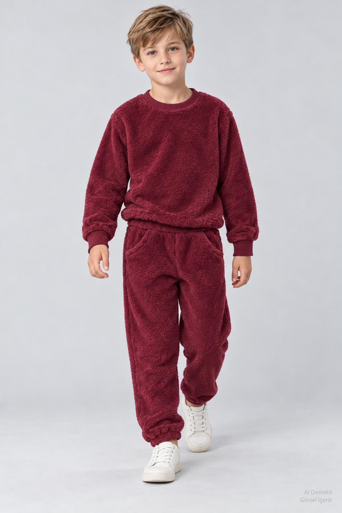 Unisex Çocuk Peluş Sweatshirt ve Jogger Kışlık Eşofman Takımı