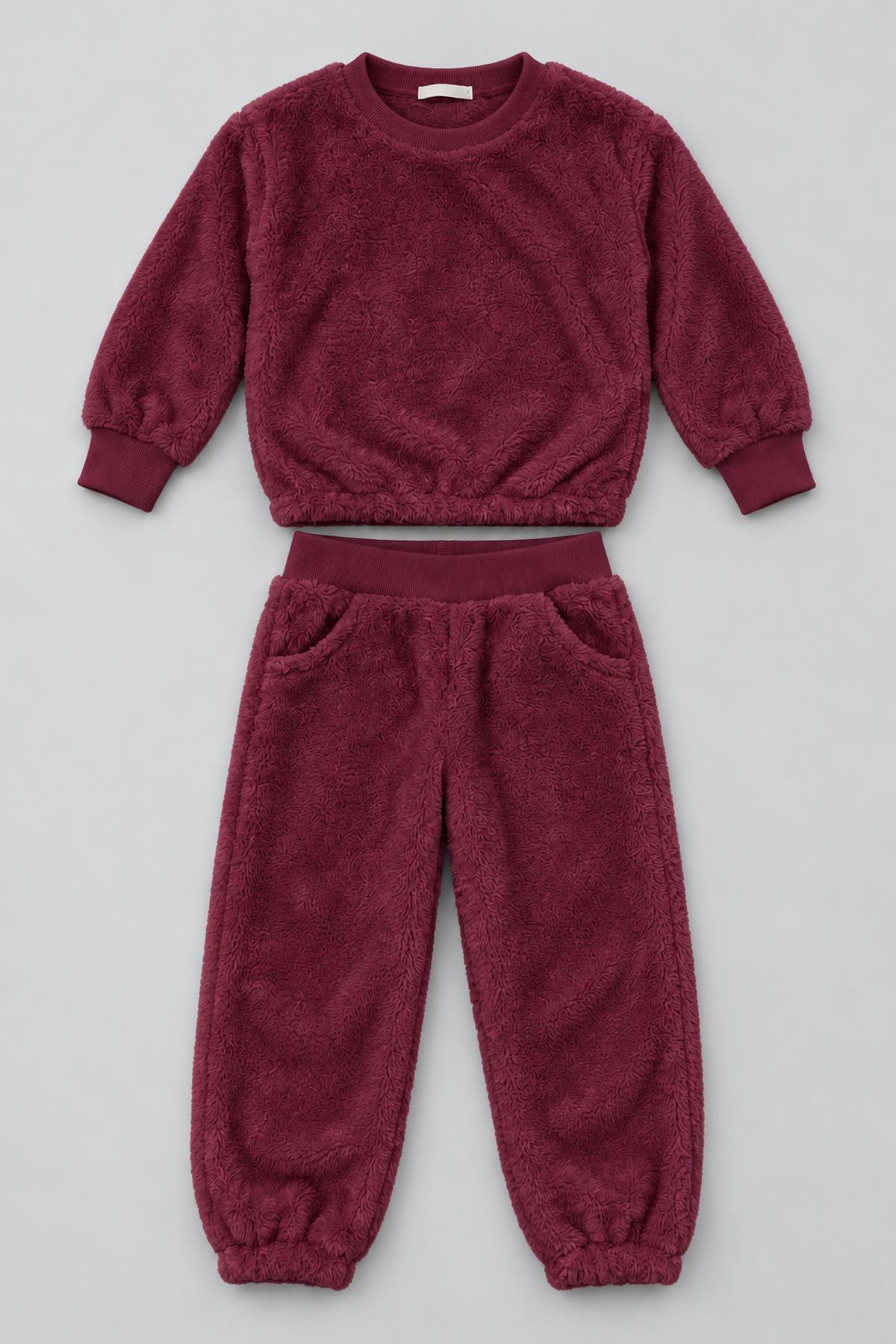 Unisex Çocuk Peluş Sweatshirt ve Jogger Kışlık Eşofman Takımı