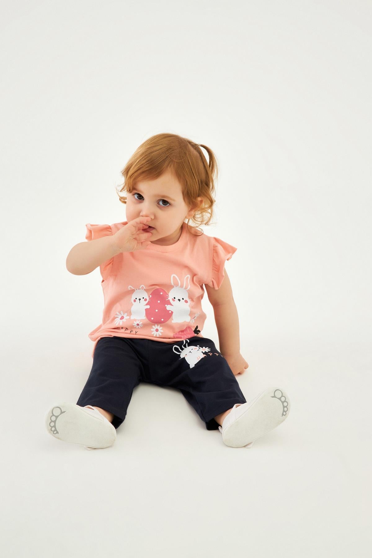 Eğlenceli Tavşan Baskılı Kız Çocuk Taytlı Takım