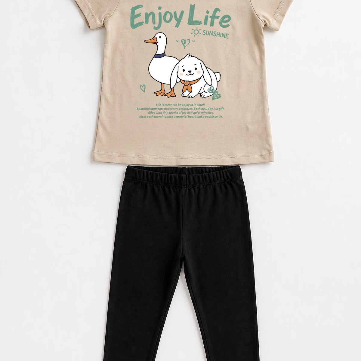 Kız Çocuk Enjoy Life Baskılı Kısa Kollu Tişört ve Tayt Takımı