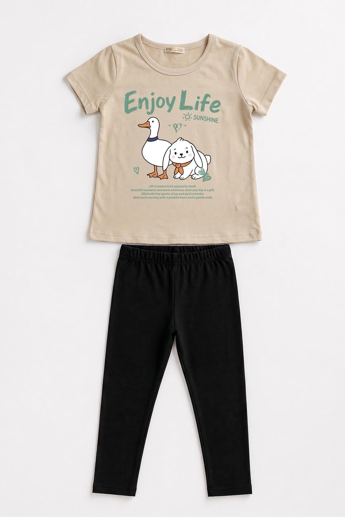 Kız Çocuk Enjoy Life Baskılı Kısa Kollu Tişört ve Tayt Takımı
