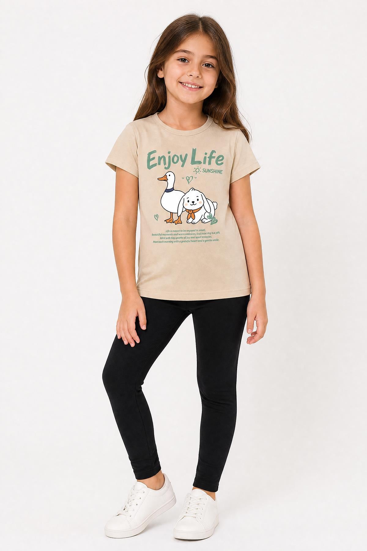 Kız Çocuk Enjoy Life Baskılı Kısa Kollu Tişört ve Tayt Takımı