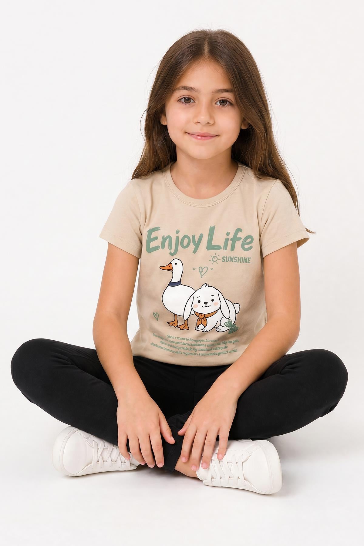Kız Çocuk Enjoy Life Baskılı Kısa Kollu Tişört ve Tayt Takımı