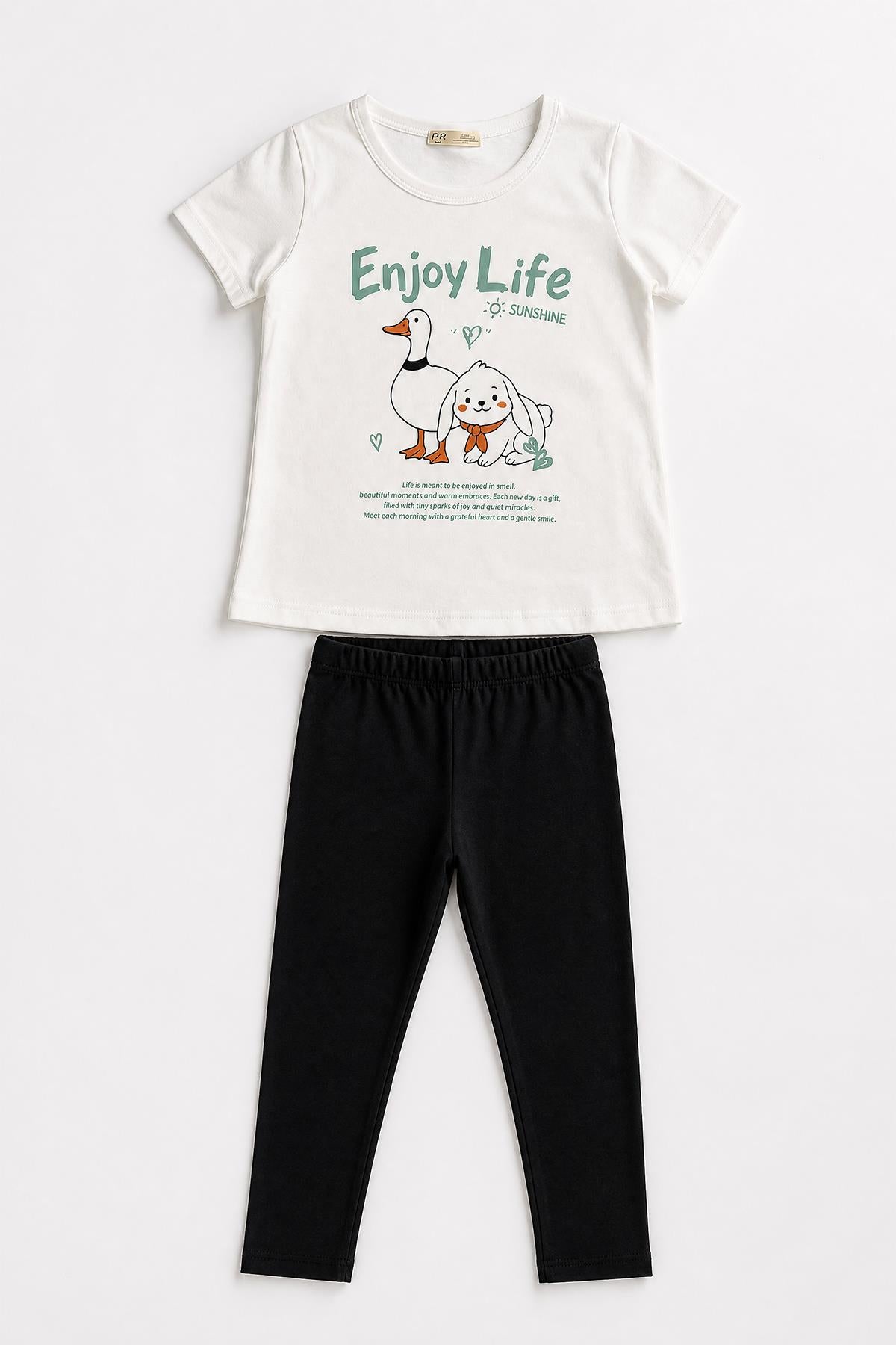 Kız Çocuk Enjoy Life Baskılı Kısa Kollu Tişört ve Tayt Takımı