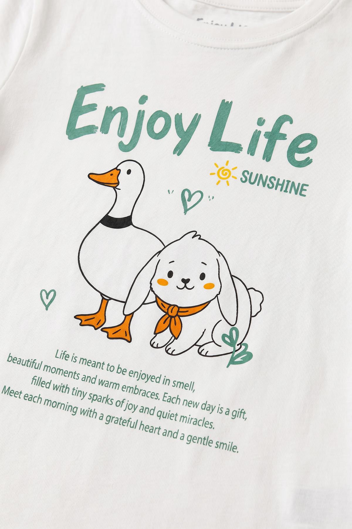 Kız Çocuk Enjoy Life Baskılı Kısa Kollu Tişört ve Tayt Takımı