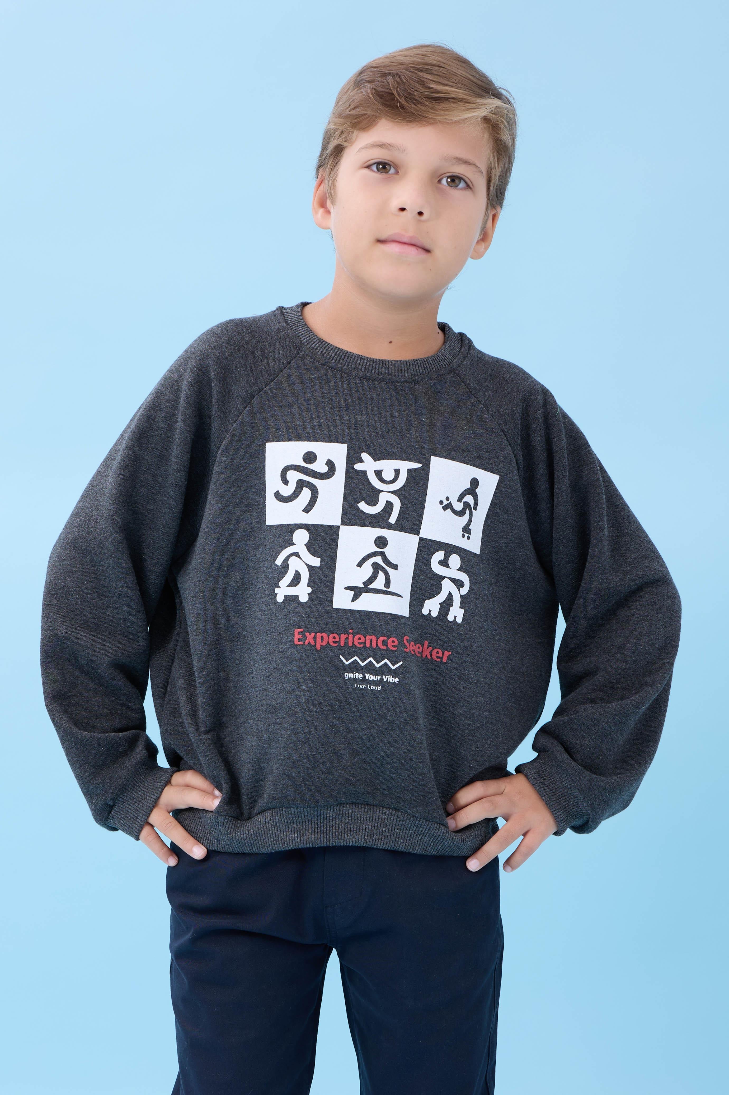Erkek Çocuk Bisiklet Yaka Mevsimlik Baskılı Sweatshirt Antrasit