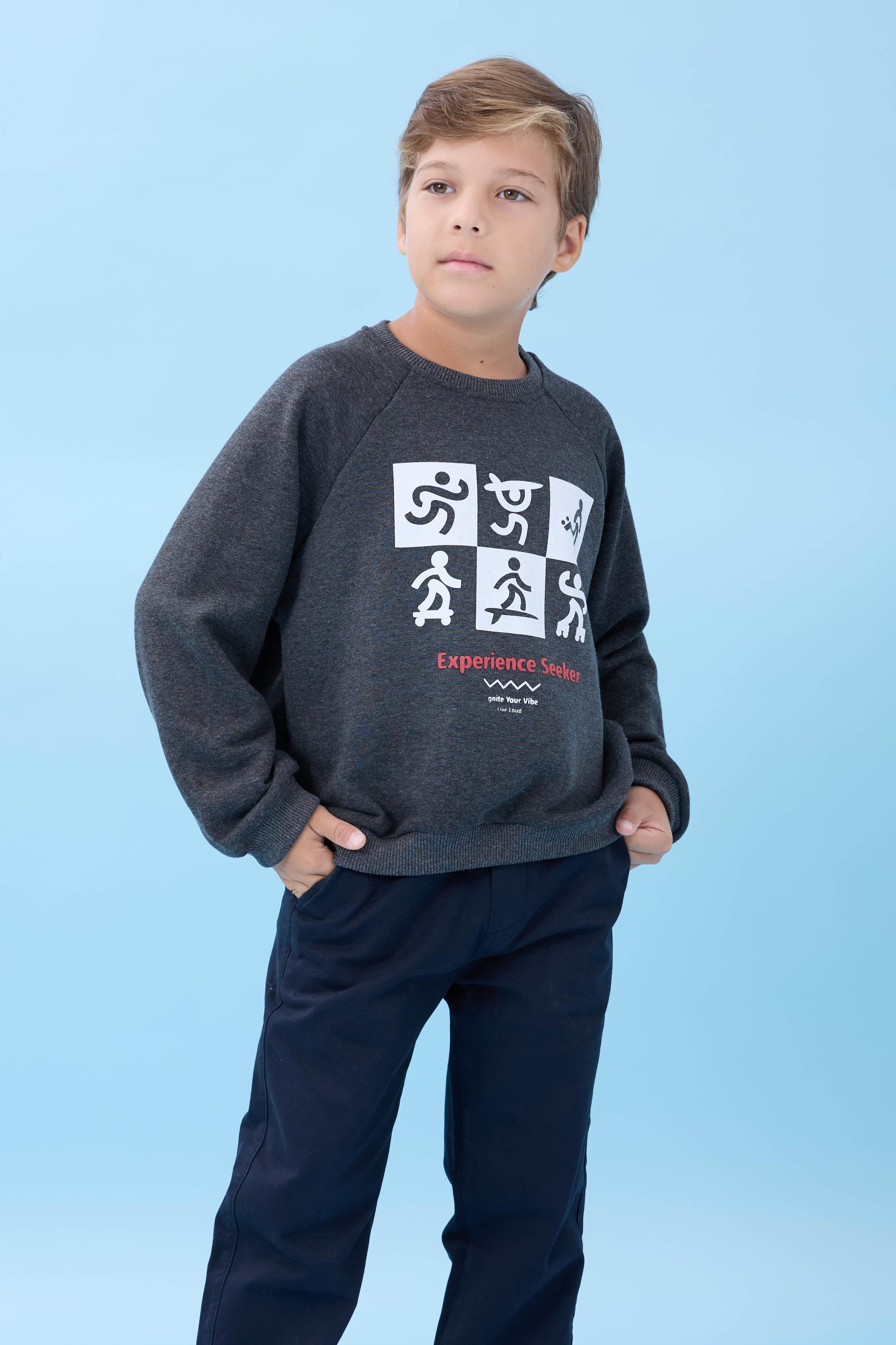 Erkek Çocuk Bisiklet Yaka Mevsimlik Baskılı Sweatshirt Antrasit