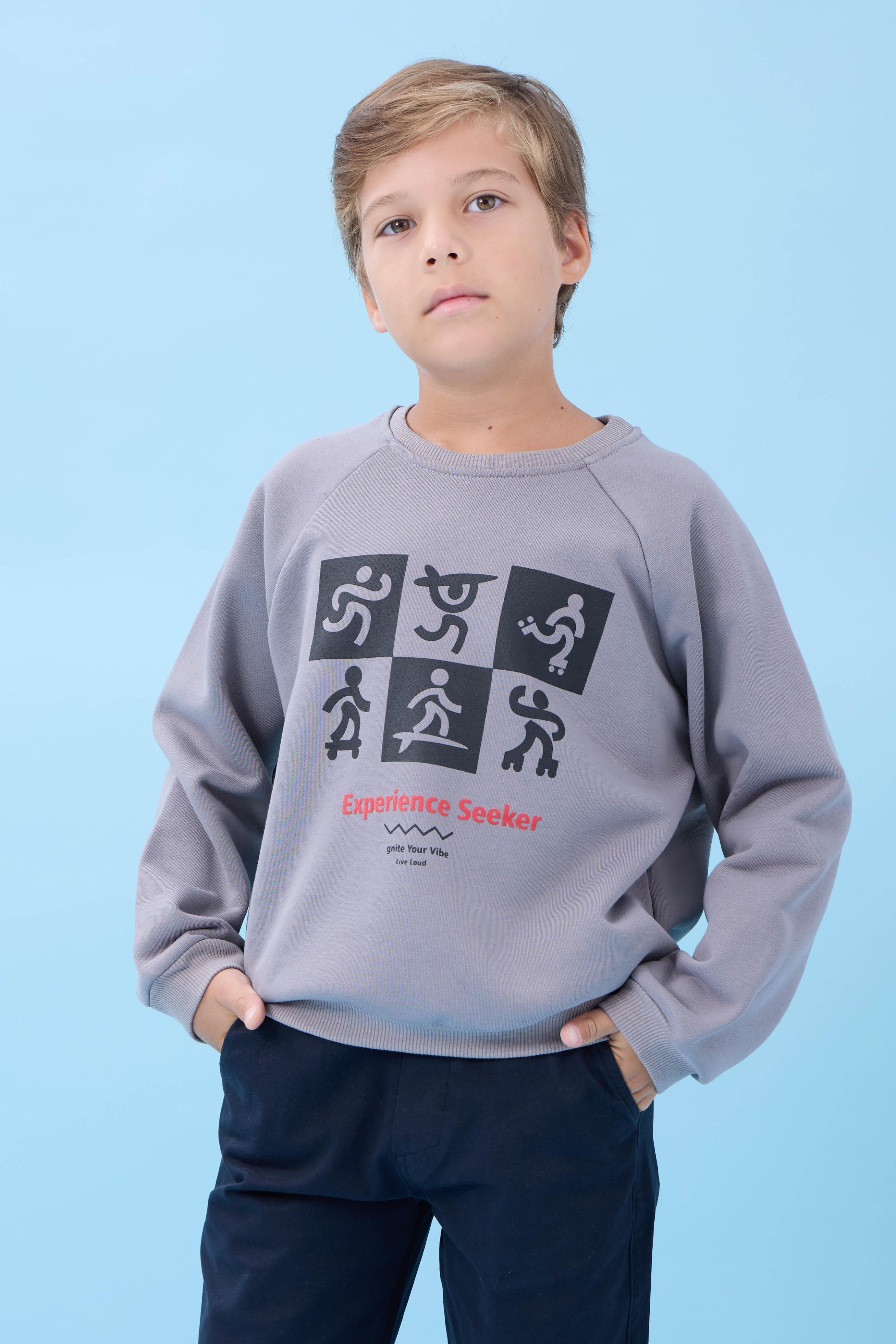 Erkek Çocuk Bisiklet Yaka Mevsimlik Baskılı Sweatshirt Gri