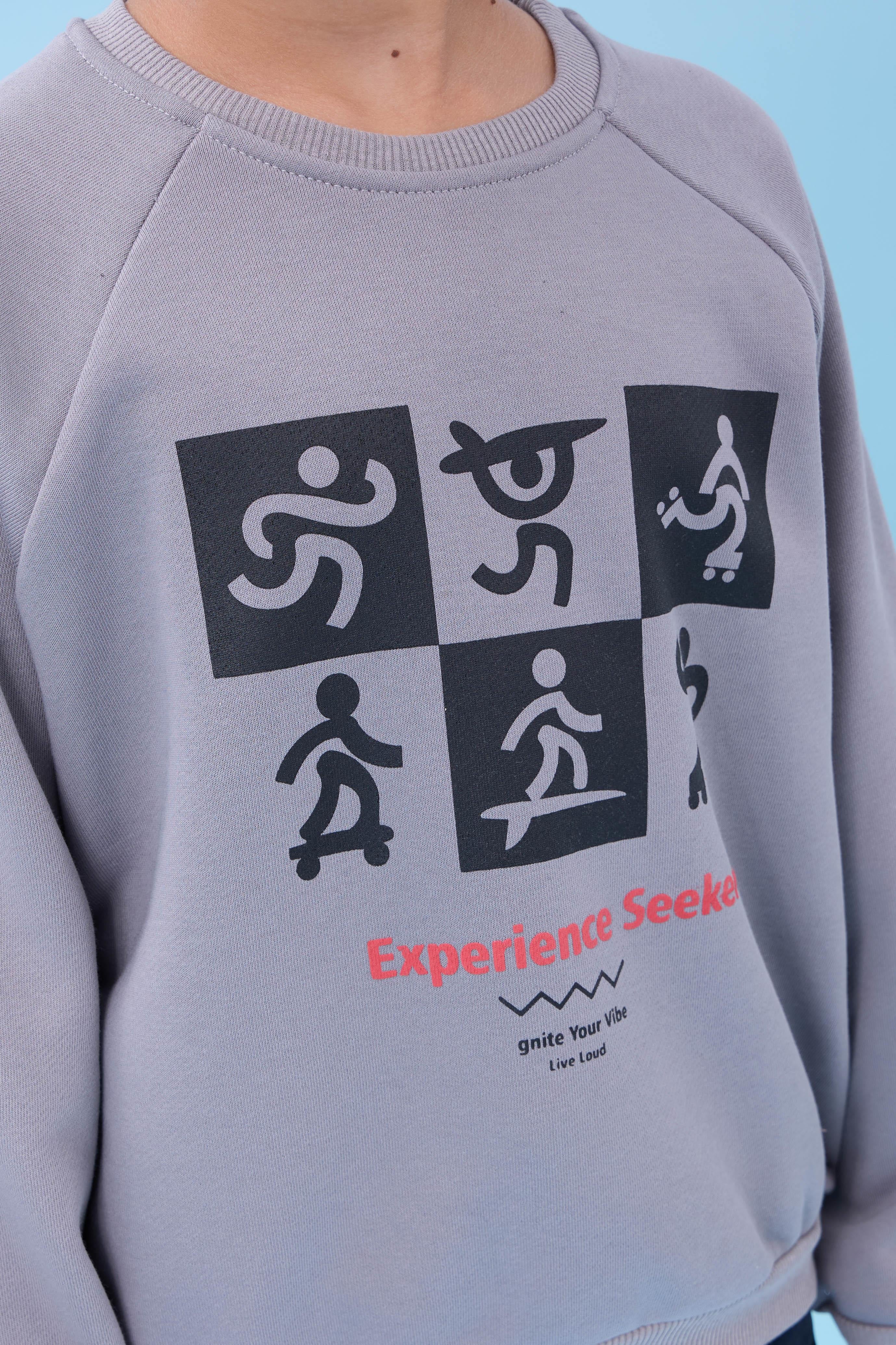 Erkek Çocuk Bisiklet Yaka Mevsimlik Baskılı Sweatshirt Gri