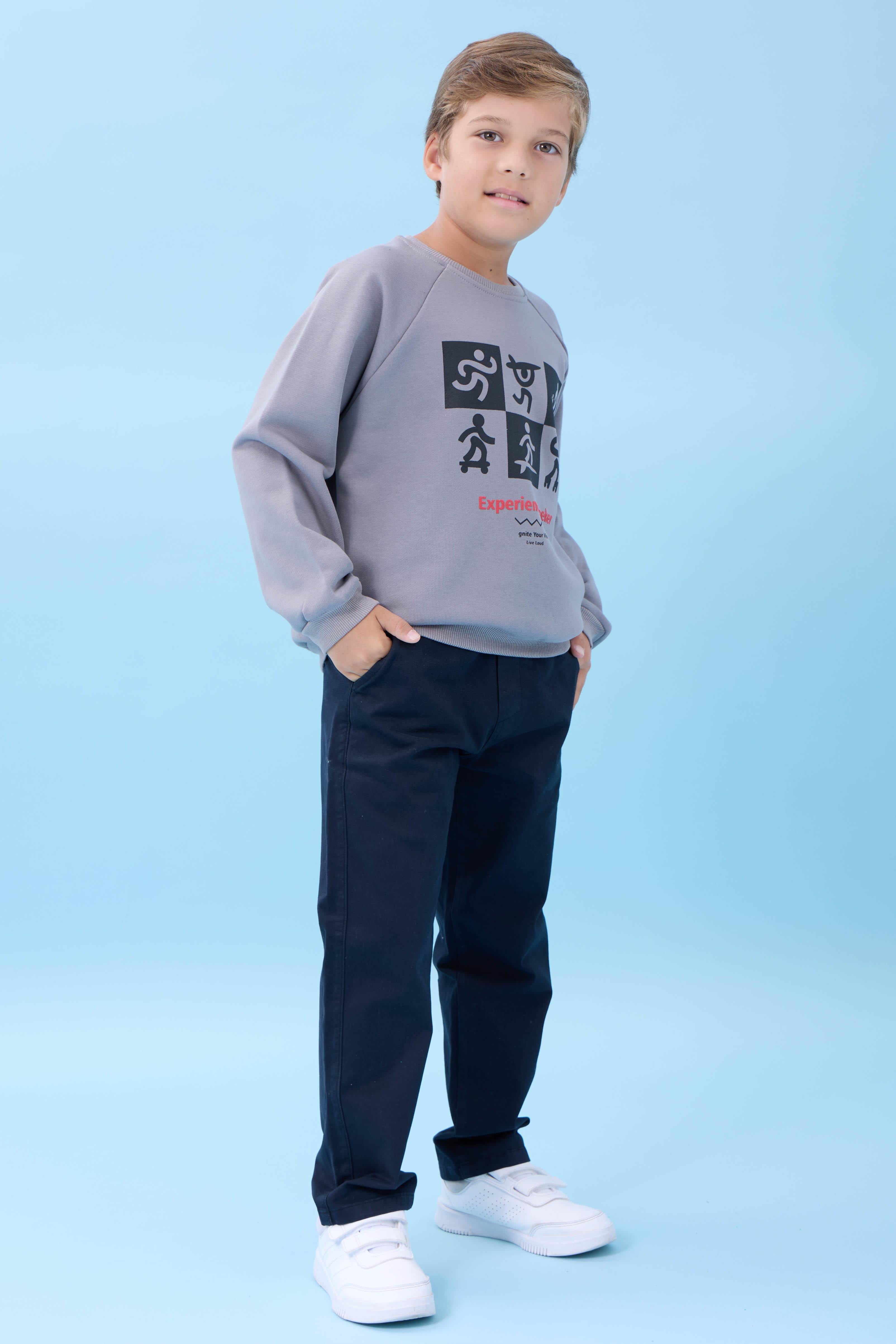 Erkek Çocuk Bisiklet Yaka Mevsimlik Baskılı Sweatshirt Gri