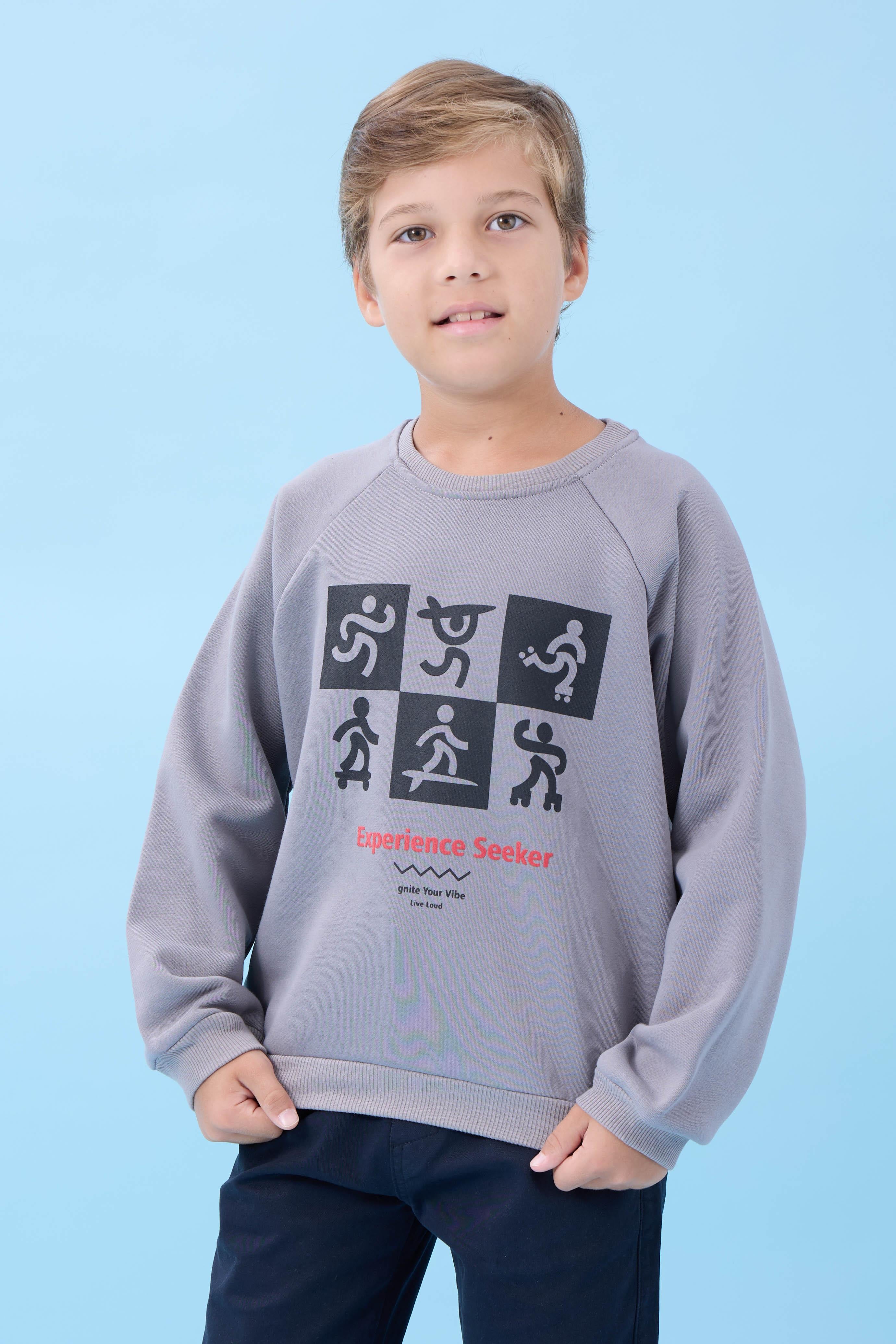 Erkek Çocuk Bisiklet Yaka Mevsimlik Baskılı Sweatshirt Gri
