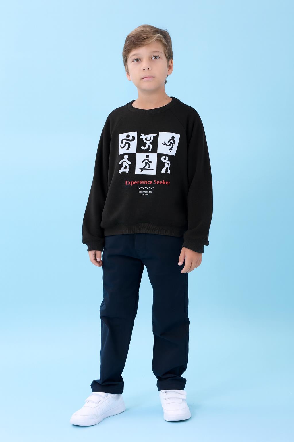 Erkek Çocuk Bisiklet Yaka Mevsimlik Baskılı Sweatshirt Siyah