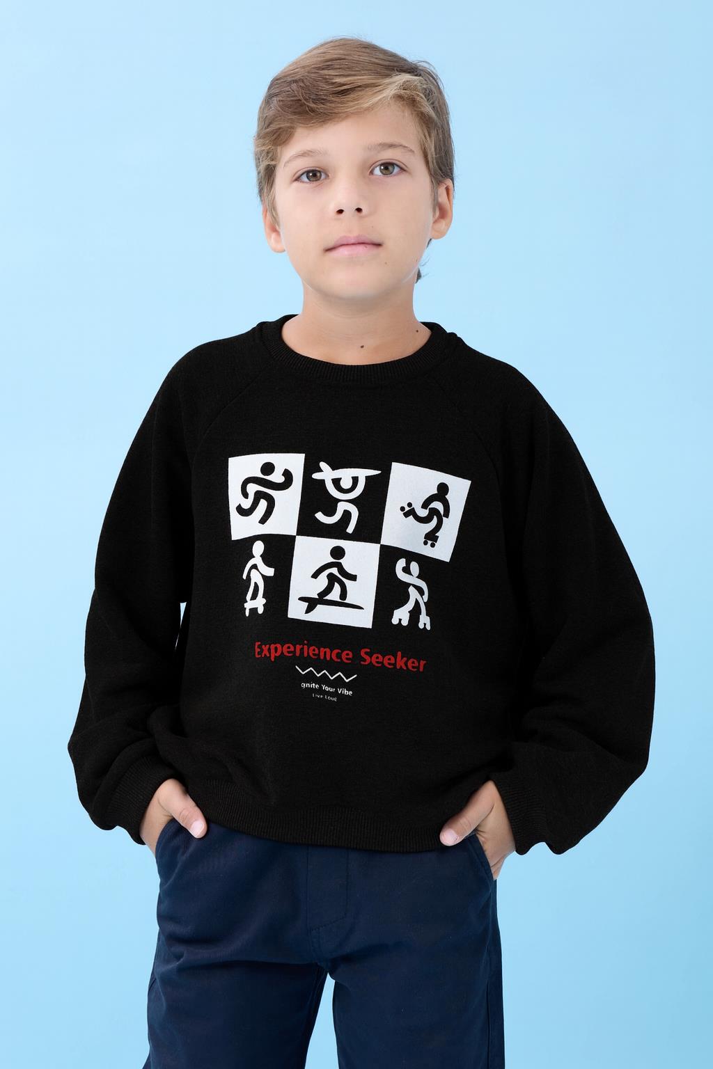 Erkek Çocuk Bisiklet Yaka Mevsimlik Baskılı Sweatshirt Siyah