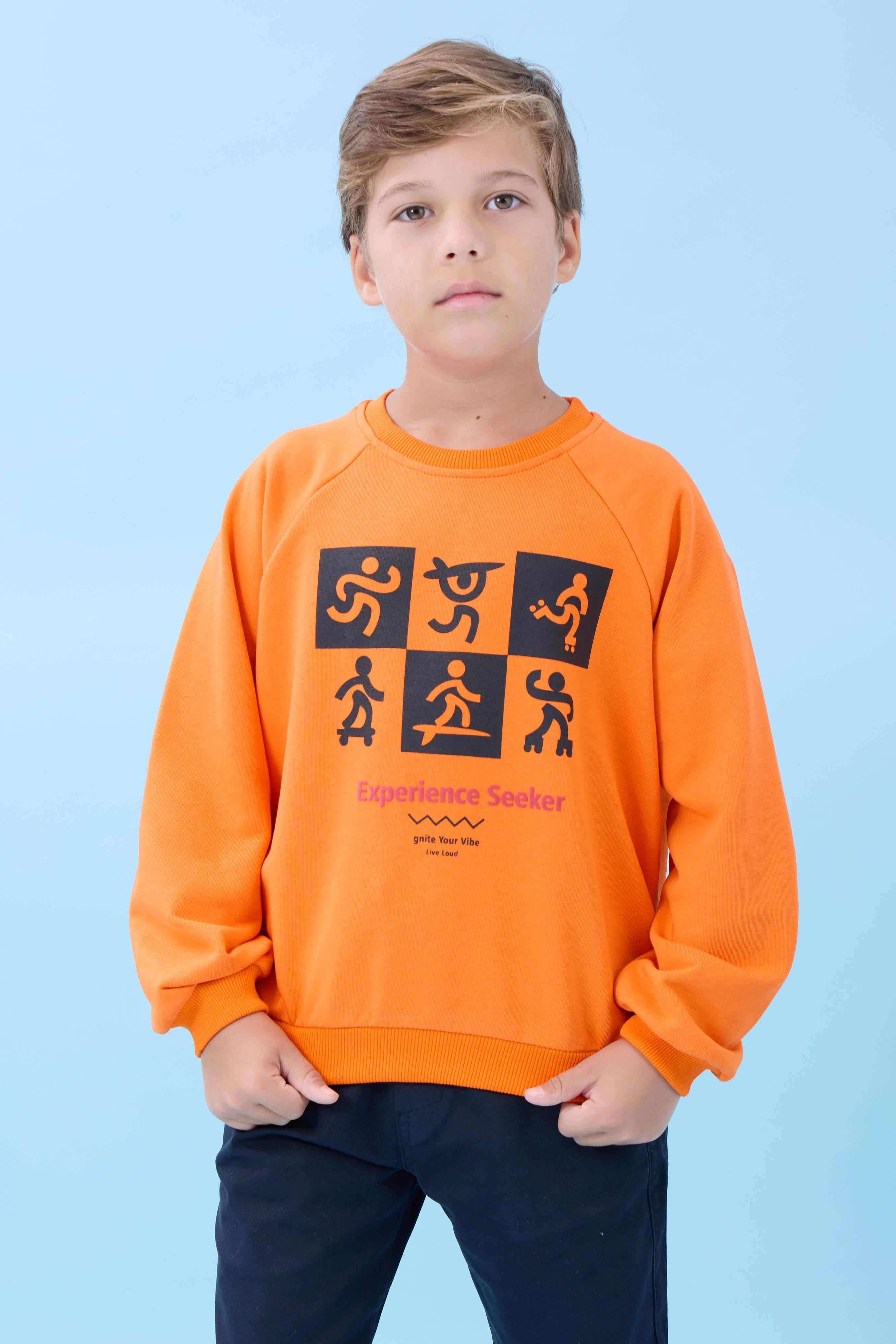 Erkek Çocuk Bisiklet Yaka Mevsimlik Baskılı Sweatshirt Turuncu