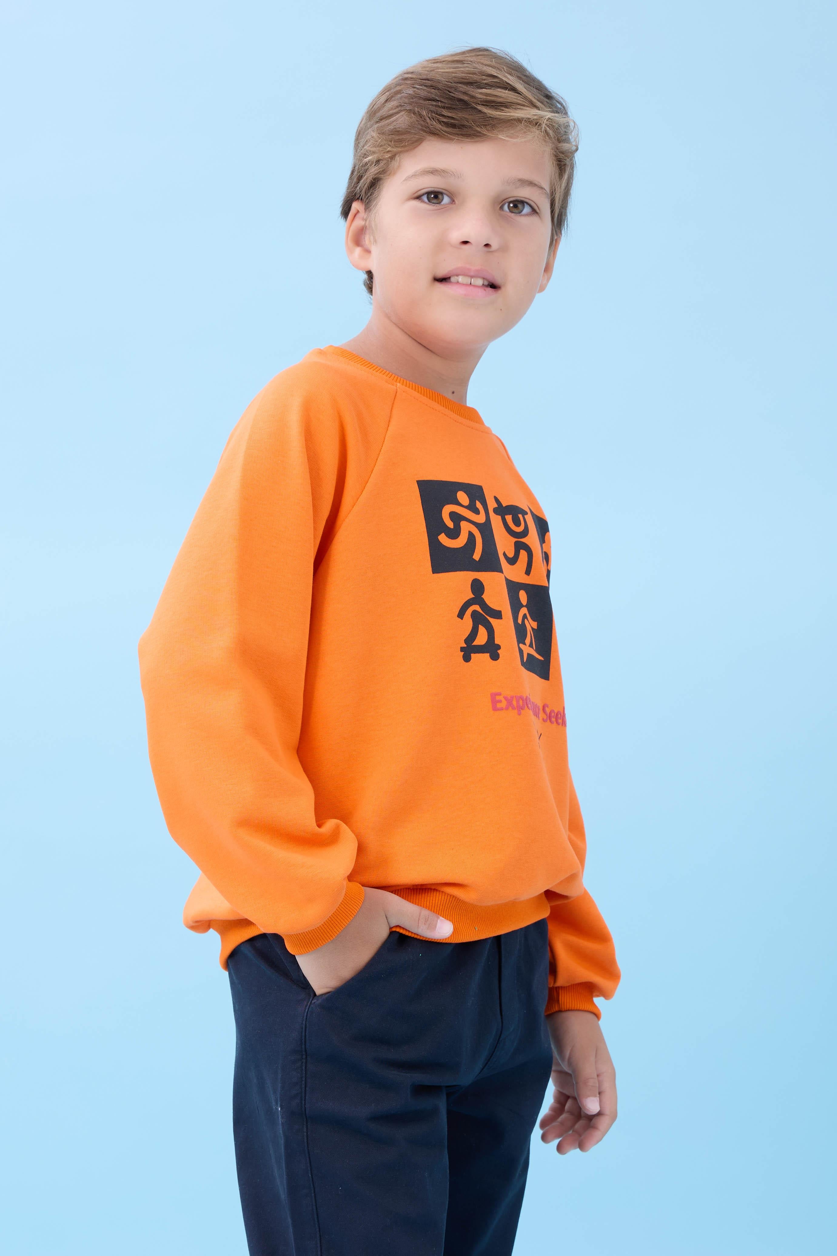 Erkek Çocuk Bisiklet Yaka Mevsimlik Baskılı Sweatshirt Turuncu