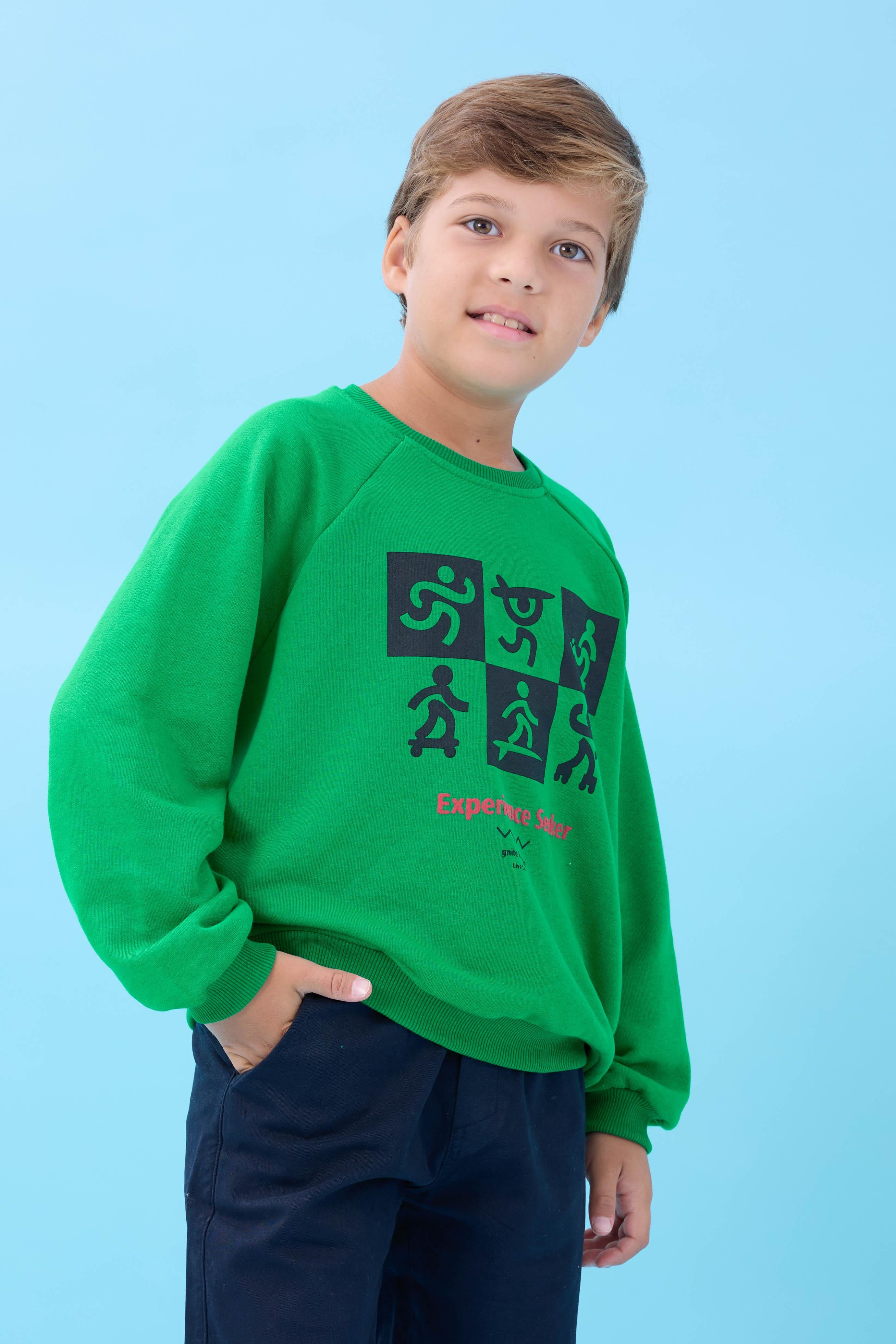 Erkek Çocuk Bisiklet Yaka Mevsimlik Baskılı Sweatshirt Yeşil