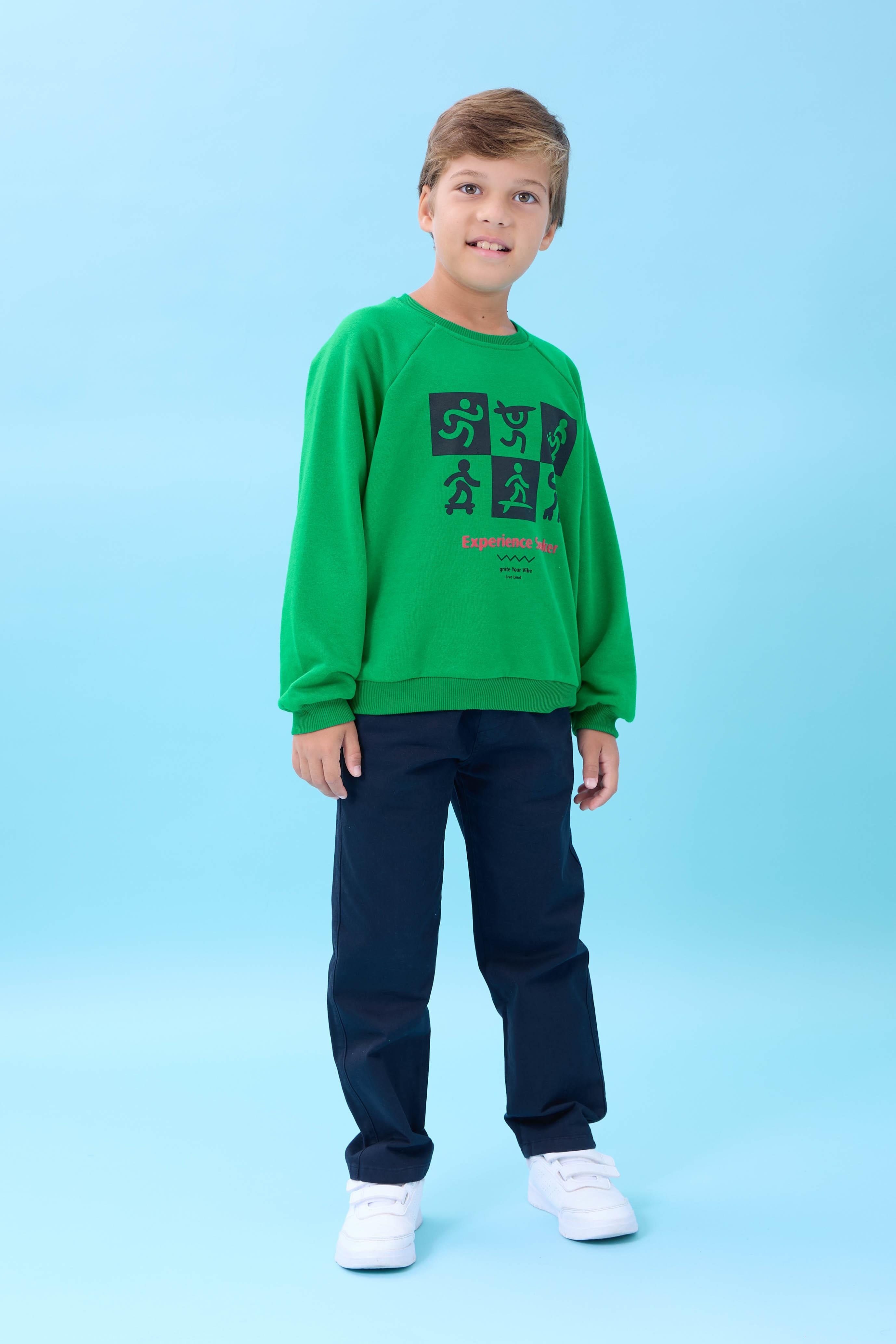 Erkek Çocuk Bisiklet Yaka Mevsimlik Baskılı Sweatshirt Yeşil