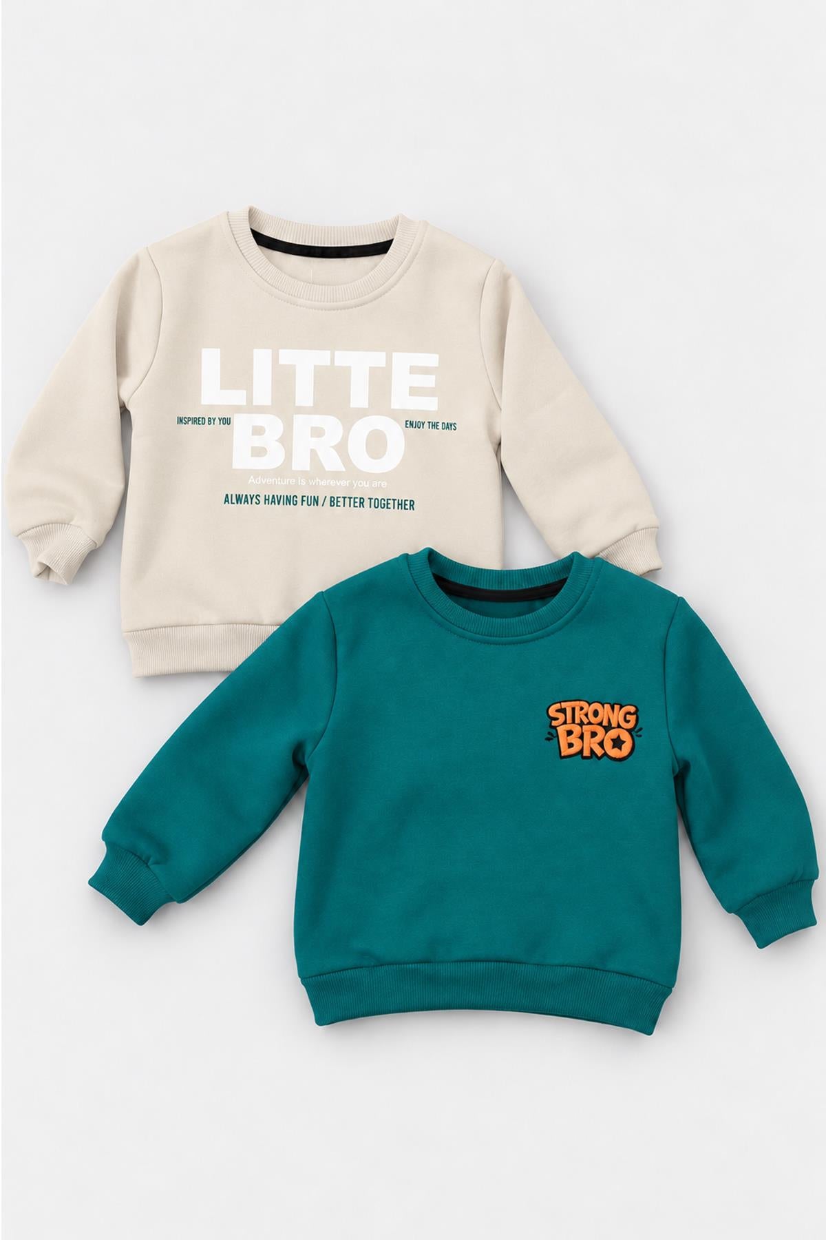 Erkek Çocuk 2'li Bro Baskılı ve Nakışlı Kışlık Sweatshirt