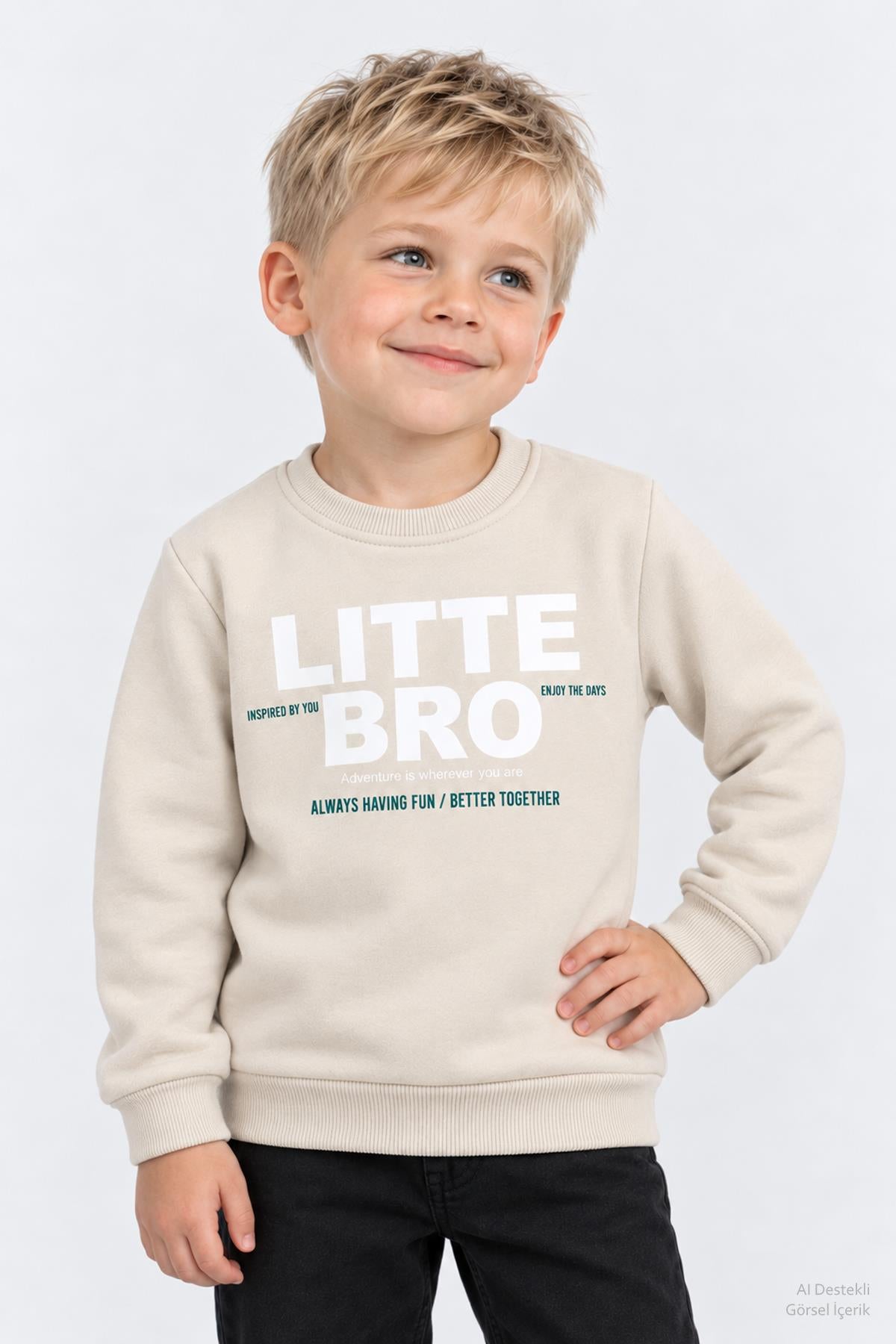 Erkek Çocuk 2'li Bro Baskılı ve Nakışlı Kışlık Sweatshirt