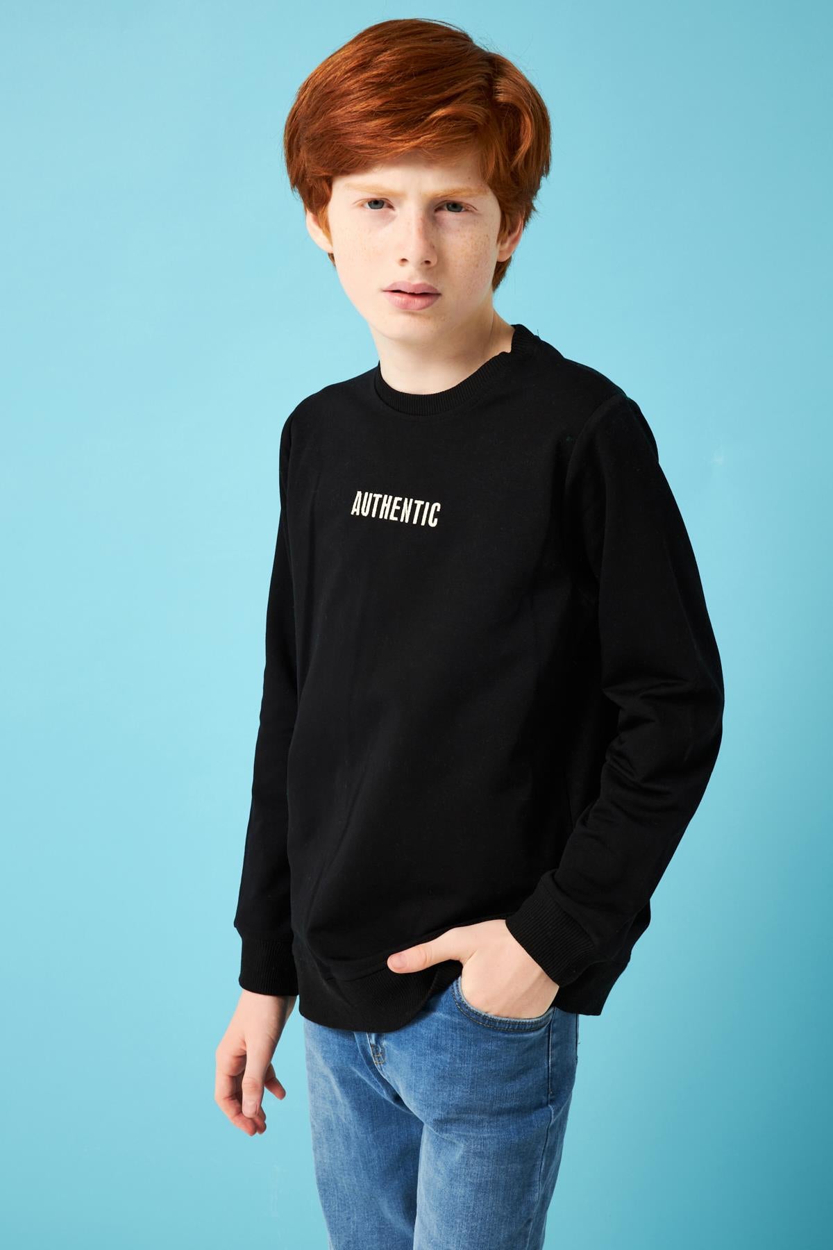 Authentic Nakış Detaylı Erkek Çocuk Sweatshirt Siyah