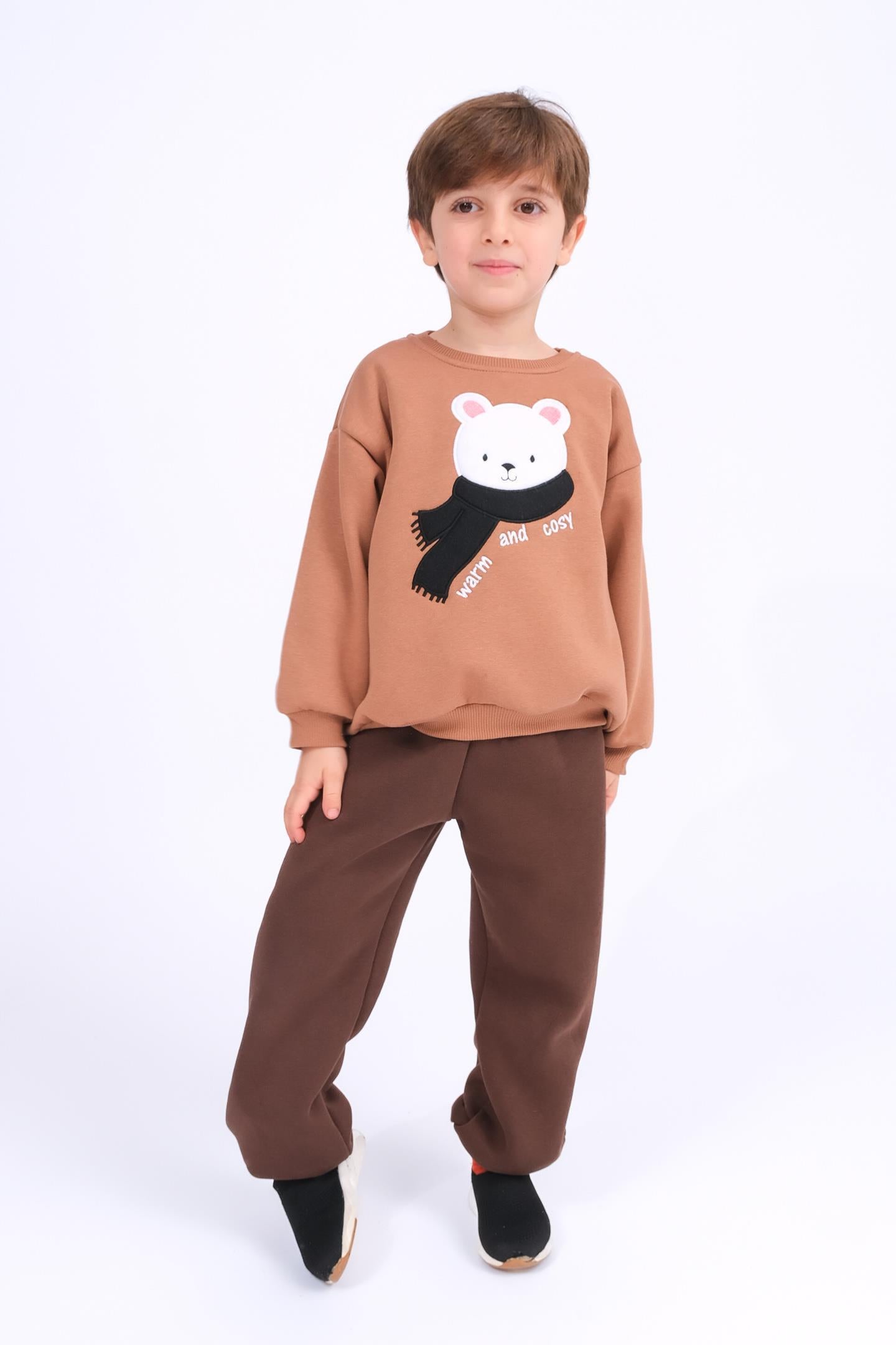 Erkek Çocuk Ayıcık Aplikeli Sweat ve Eşofman Altı İçi Polarlı Kışlık Takım
