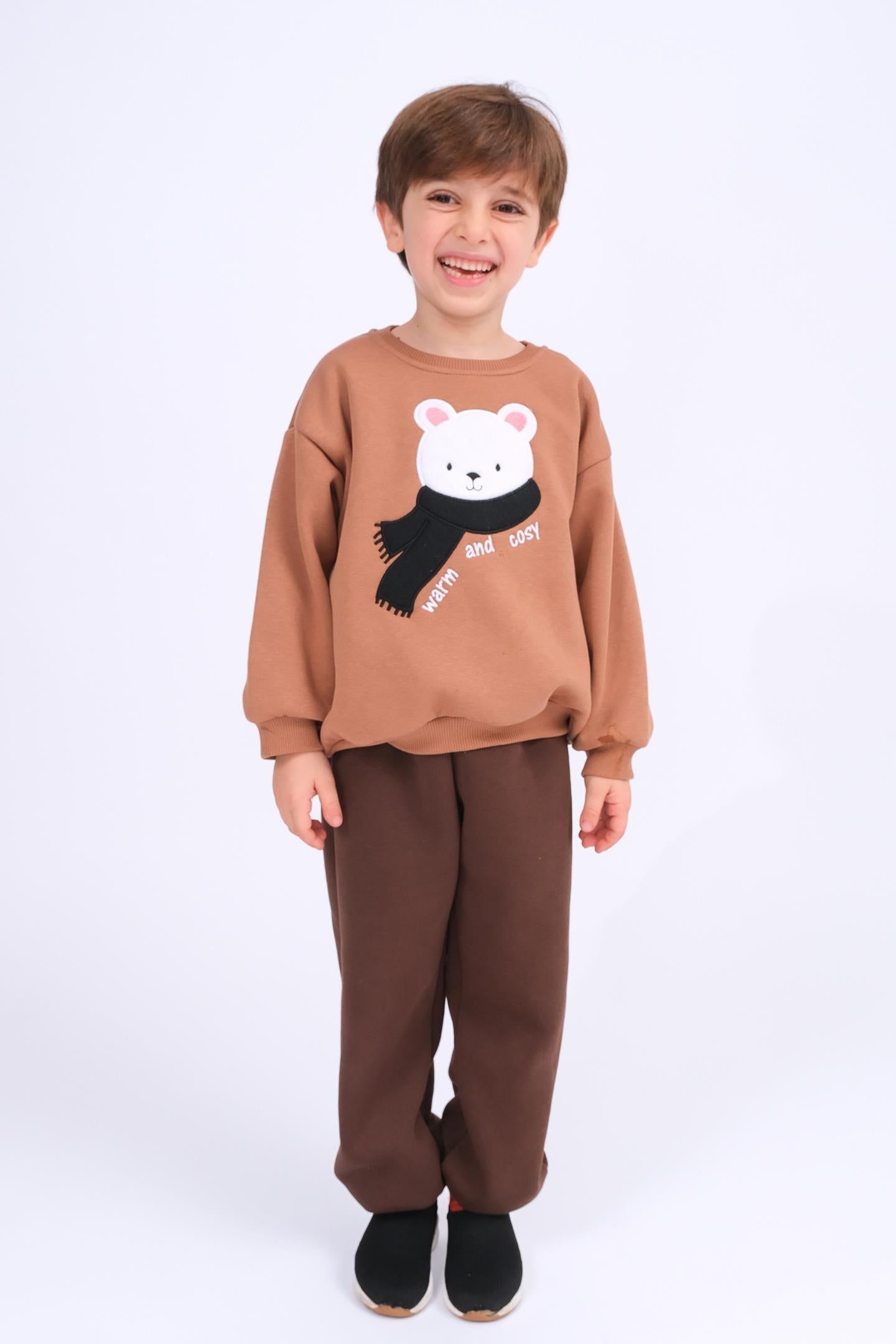 Erkek Çocuk Ayıcık Aplikeli Sweat ve Eşofman Altı İçi Polarlı Kışlık Takım – Kahve