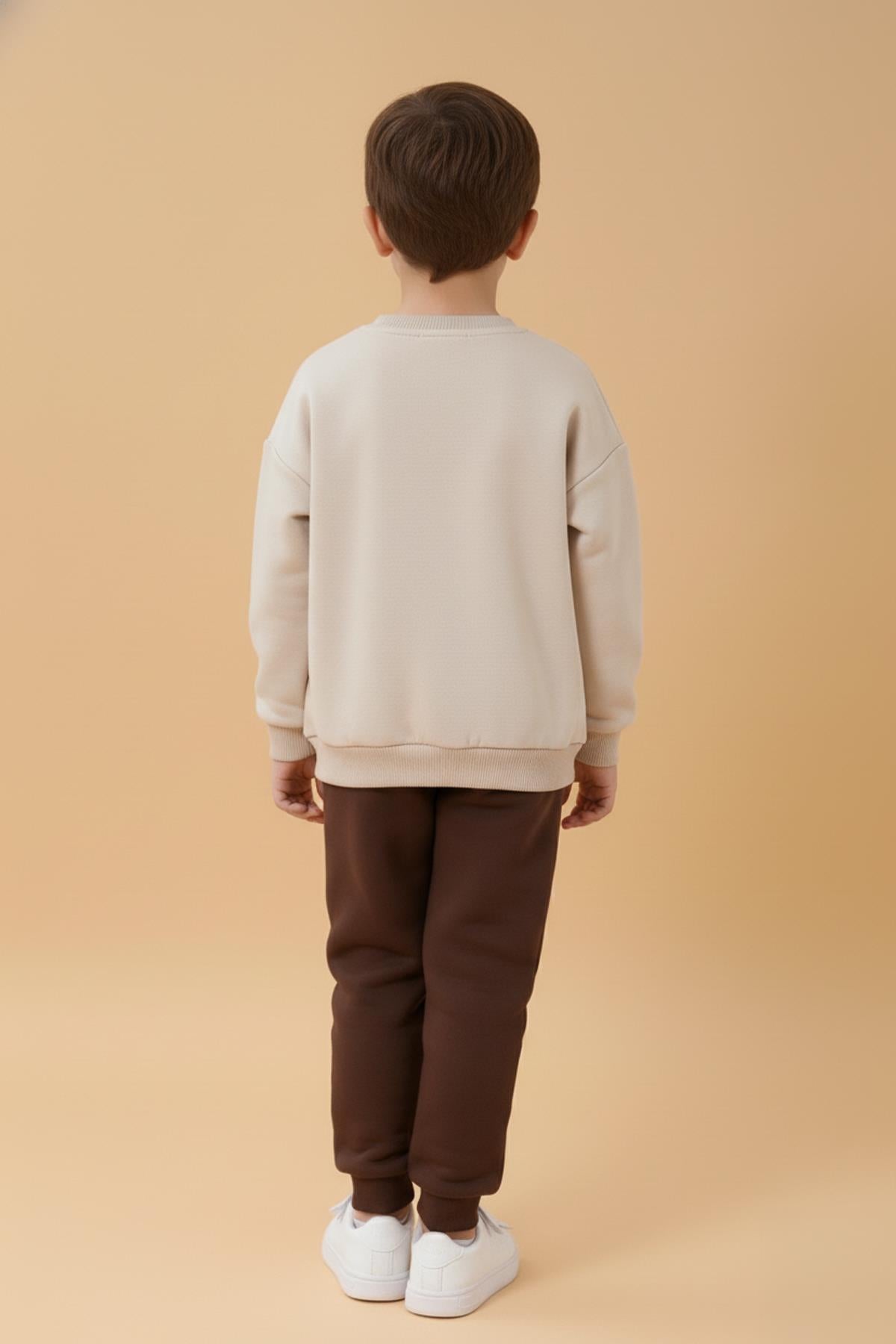 Erkek Çocuk Ayıcık Aplikeli Sweat ve Eşofman Altı İçi Polarlı Kışlık Takım – Taş