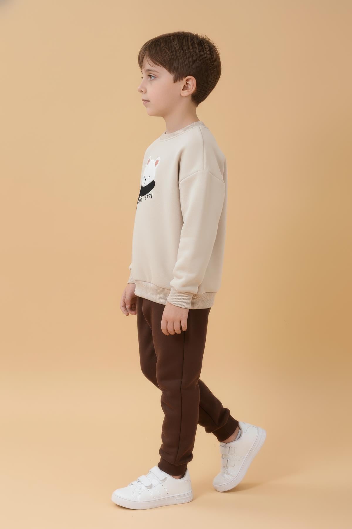 Erkek Çocuk Ayıcık Aplikeli Sweat ve Eşofman Altı İçi Polarlı Kışlık Takım – Taş