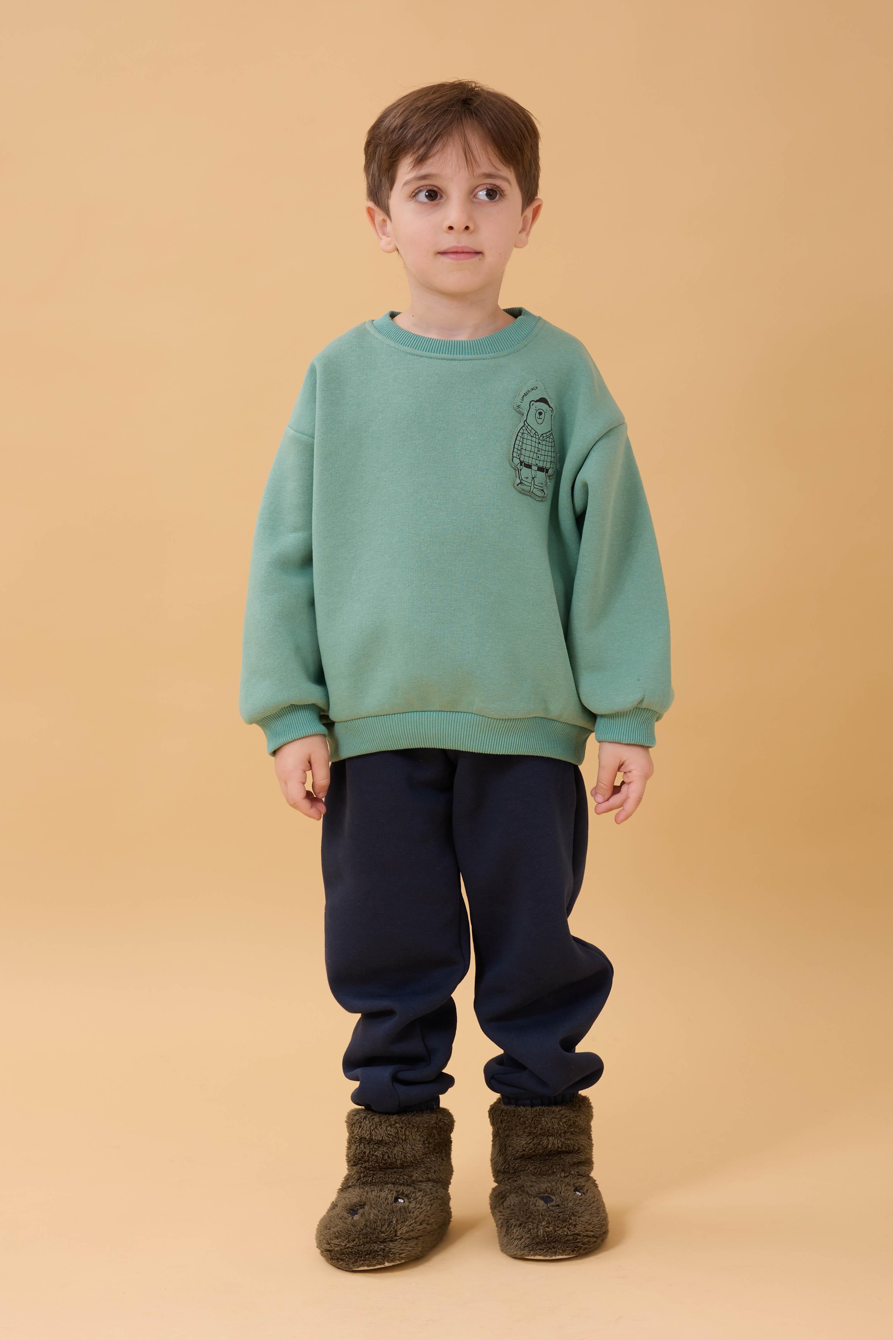 Erkek Çocuk Bisiklet Yaka Ayı Baskılı Sweatshirt Çağla