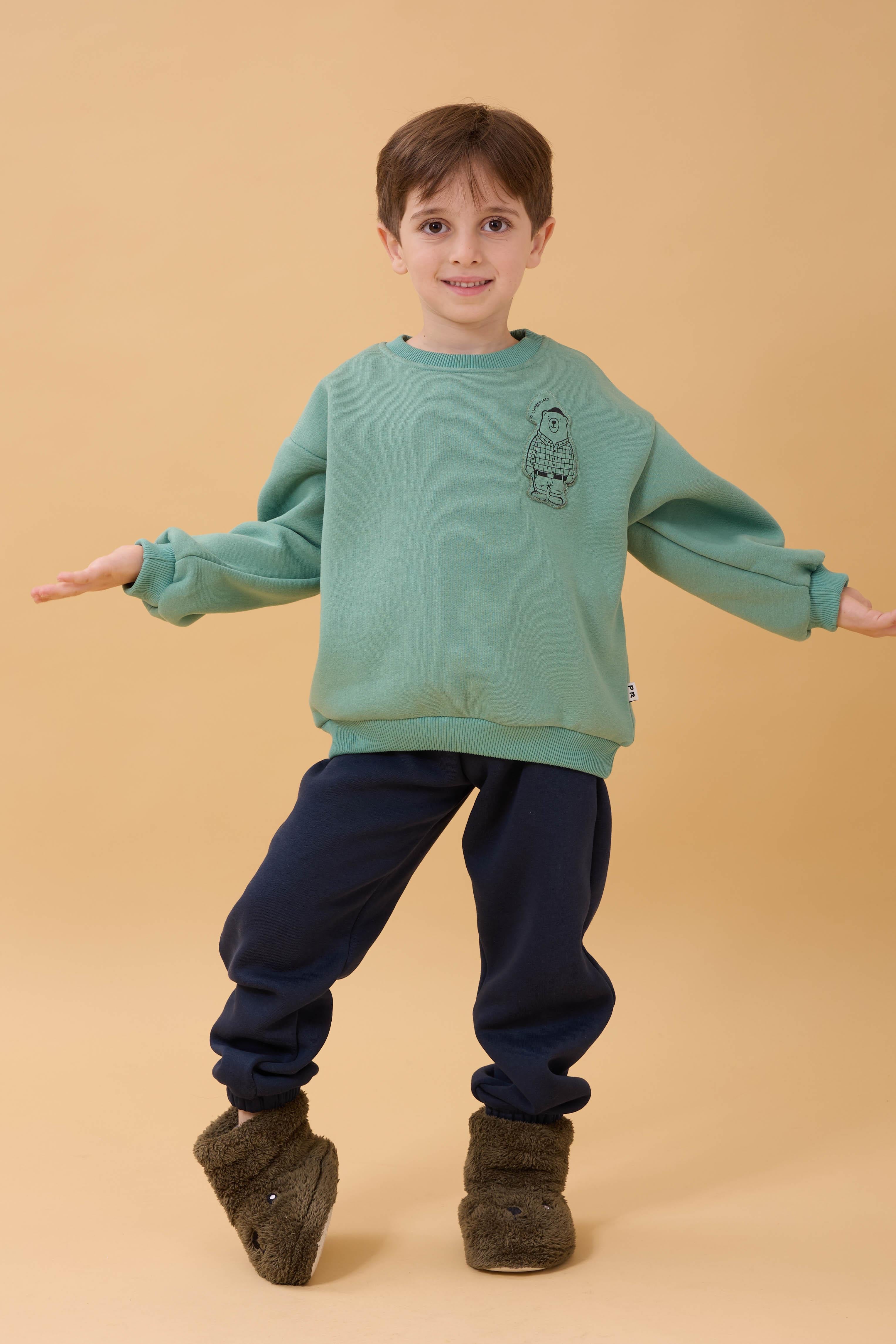 Erkek Çocuk Bisiklet Yaka Ayı Baskılı Sweatshirt Çağla