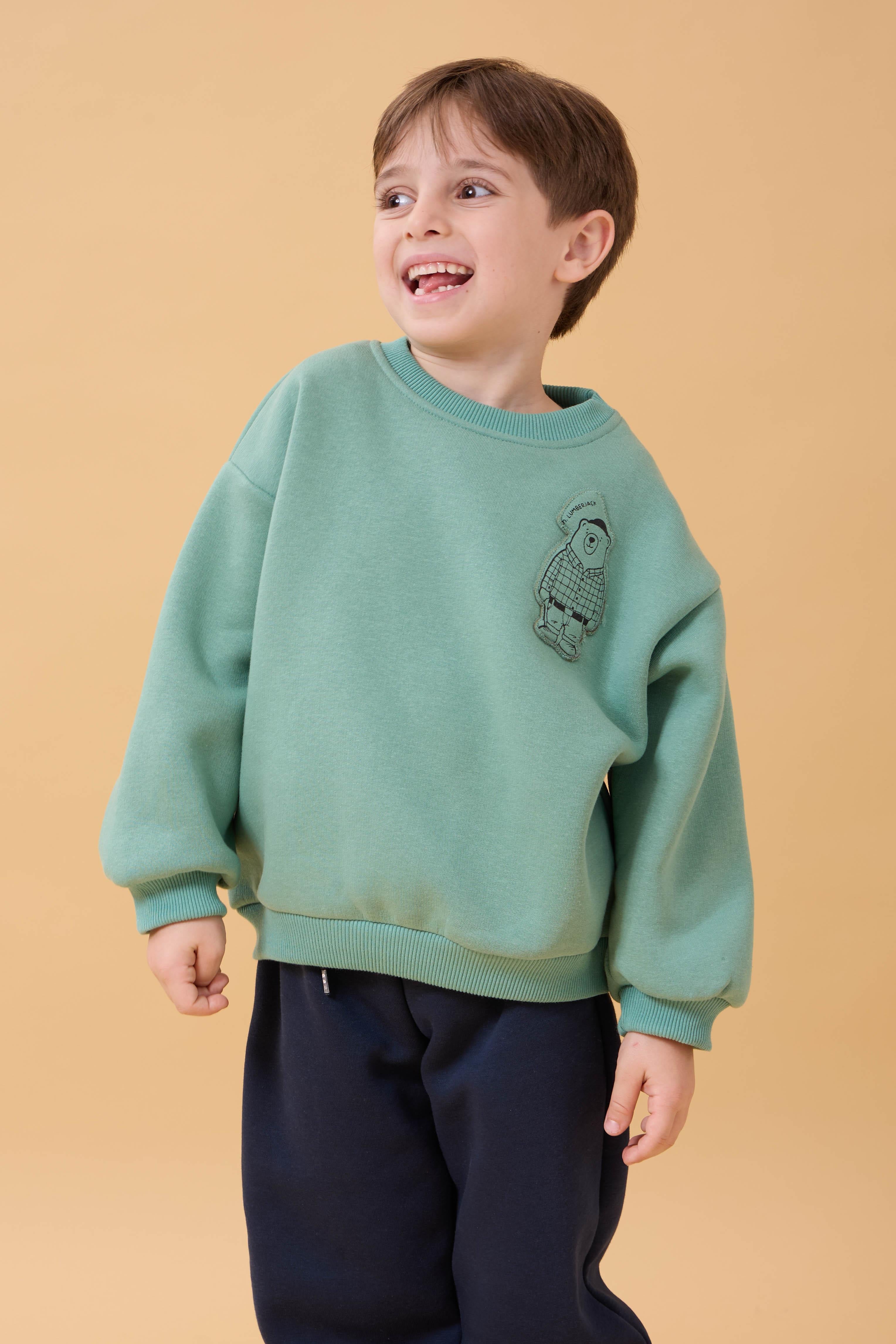 Erkek Çocuk Bisiklet Yaka Ayı Baskılı Sweatshirt Çağla