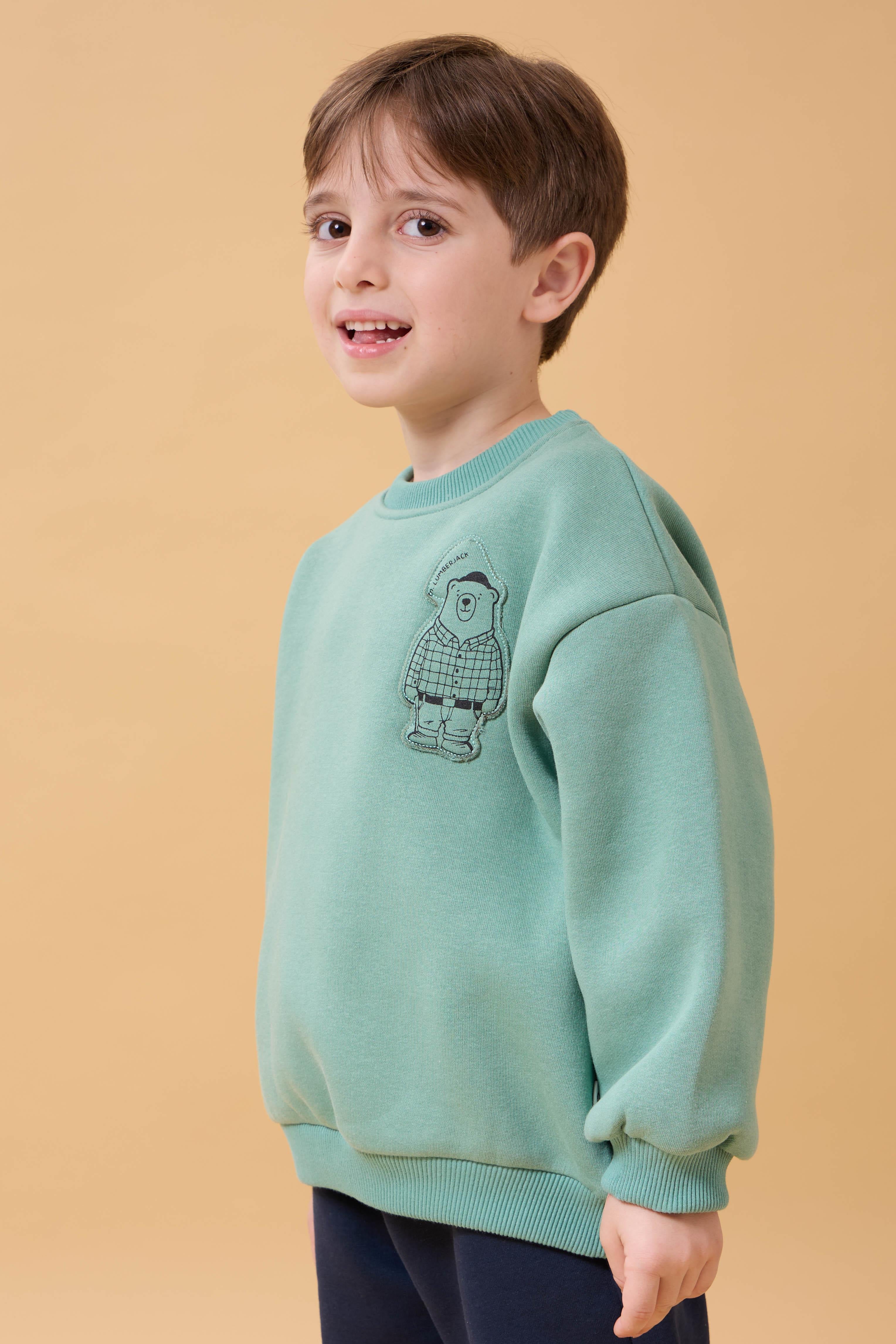 Erkek Çocuk Bisiklet Yaka Ayı Baskılı Sweatshirt Çağla