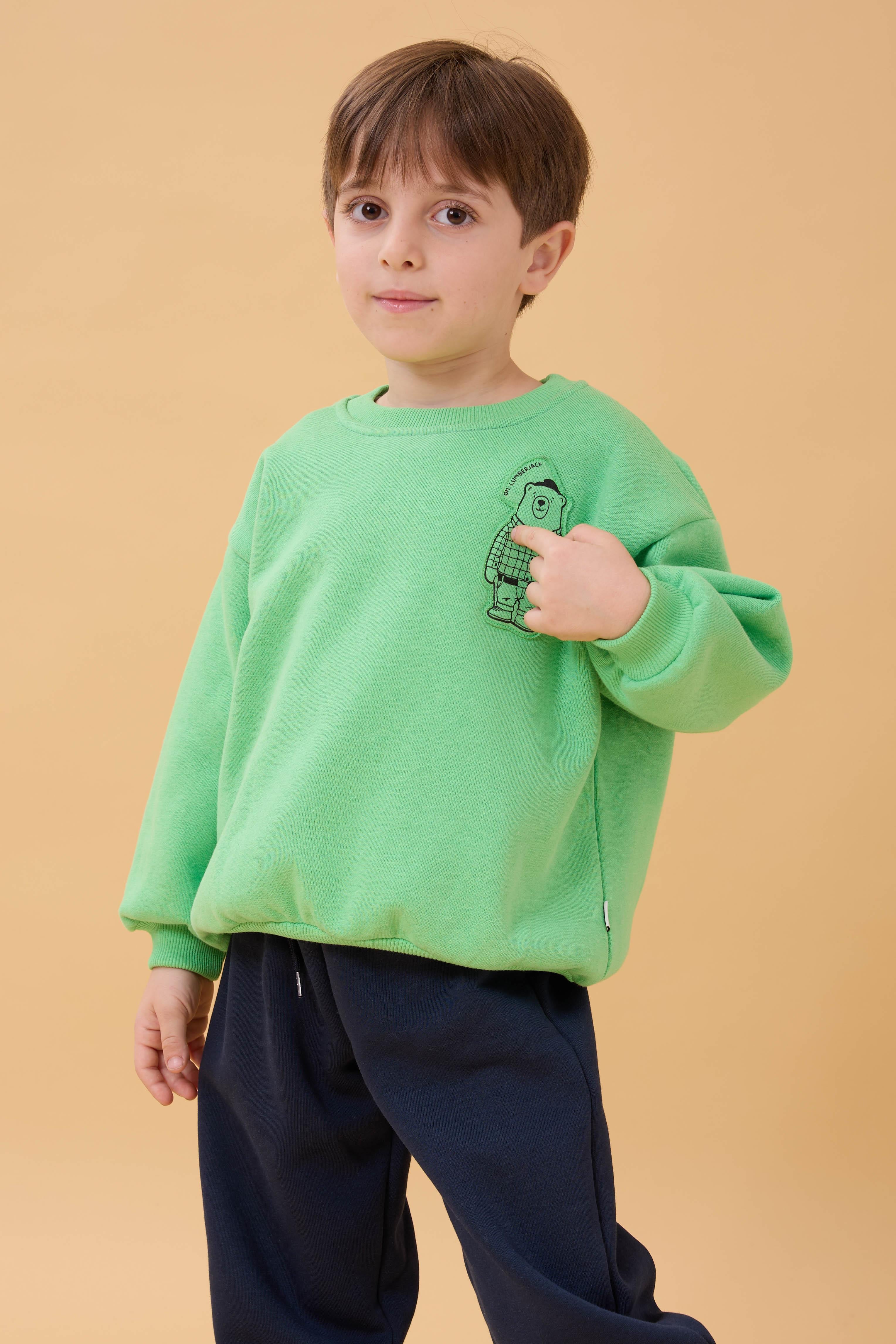 Erkek Çocuk Bisiklet Yaka Ayı Baskılı Sweatshirt Fıstık Yeşili