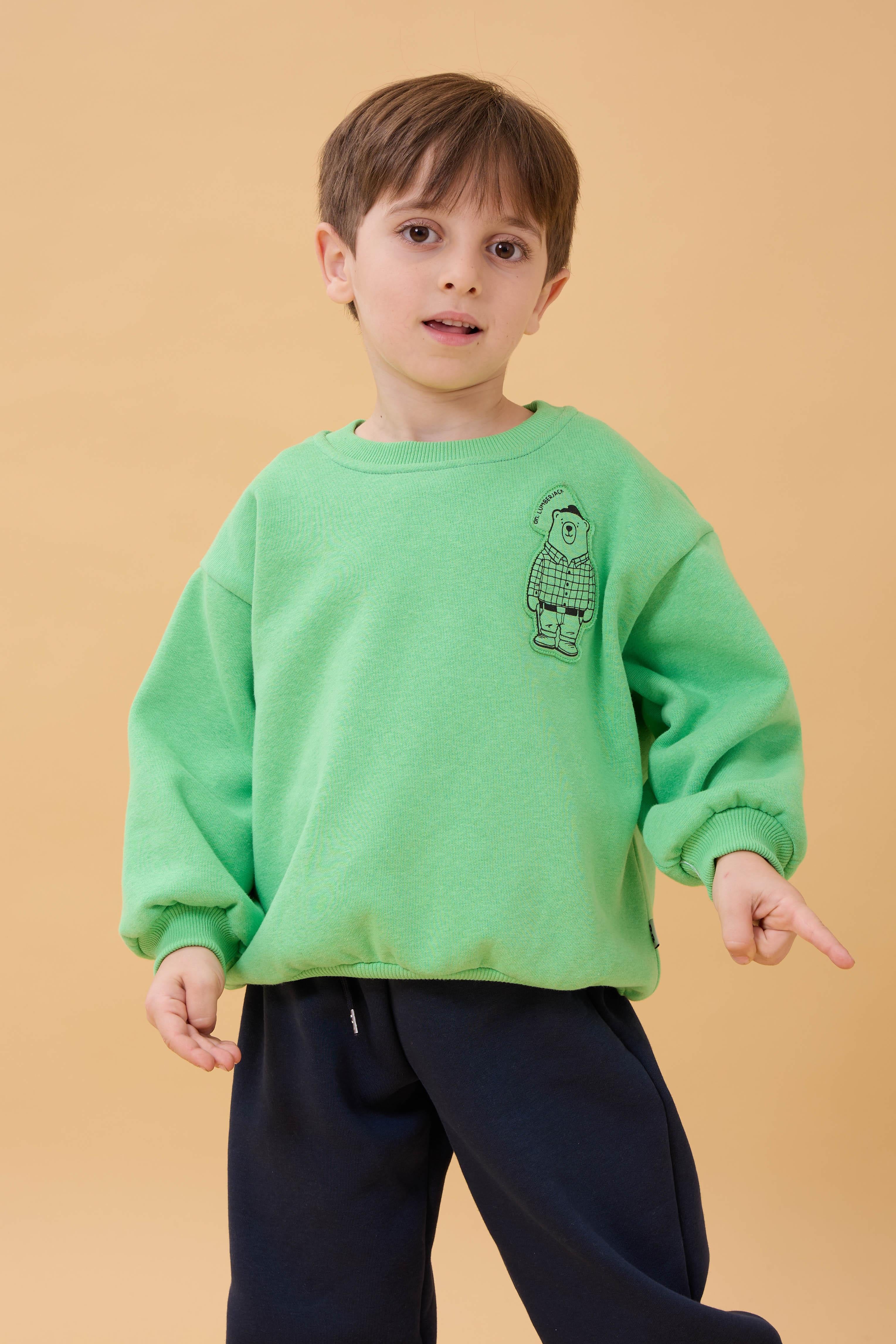 Erkek Çocuk Bisiklet Yaka Ayı Baskılı Sweatshirt Fıstık Yeşili