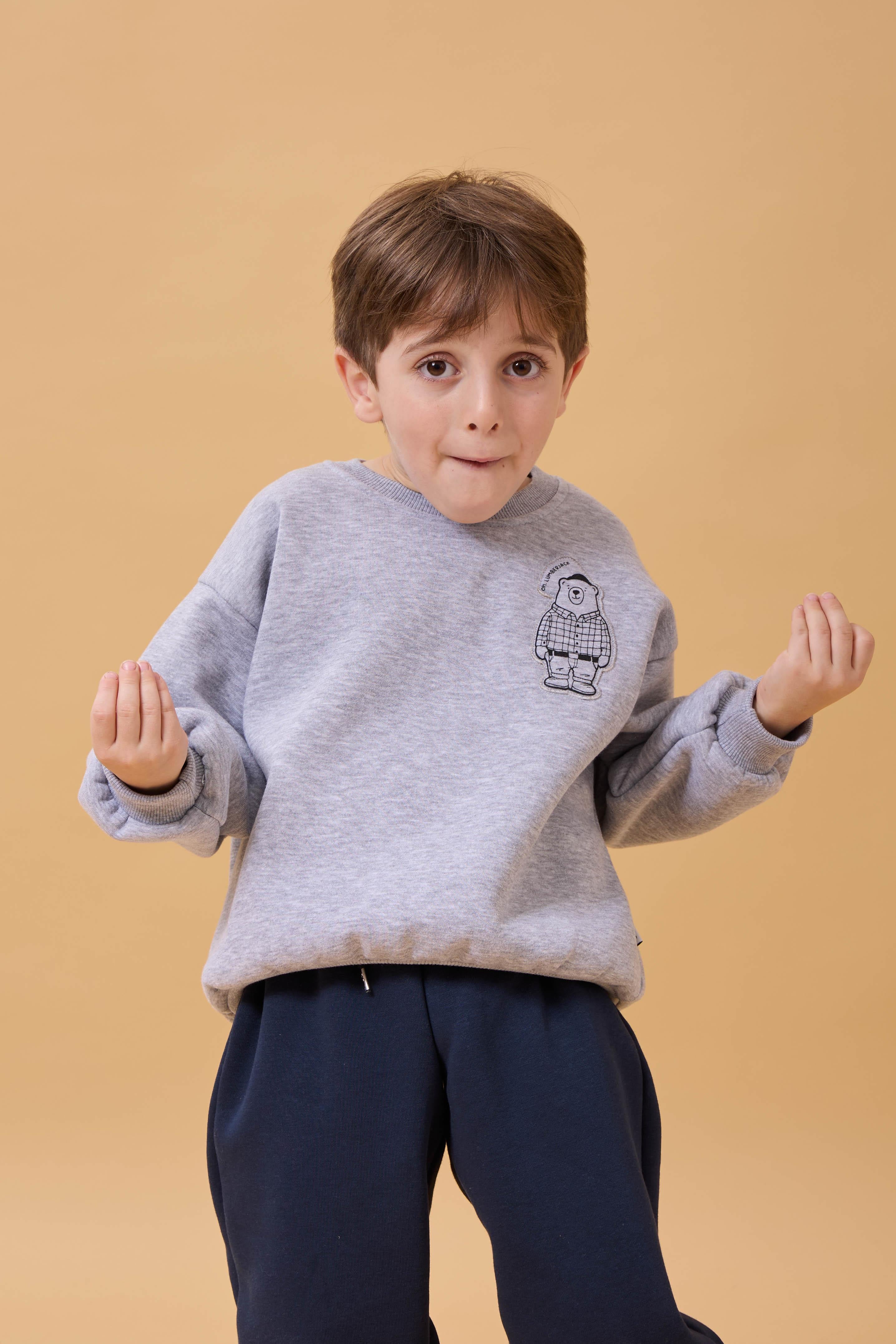 Erkek Çocuk Bisiklet Yaka Ayı Baskılı Sweatshirt Gri Melanj