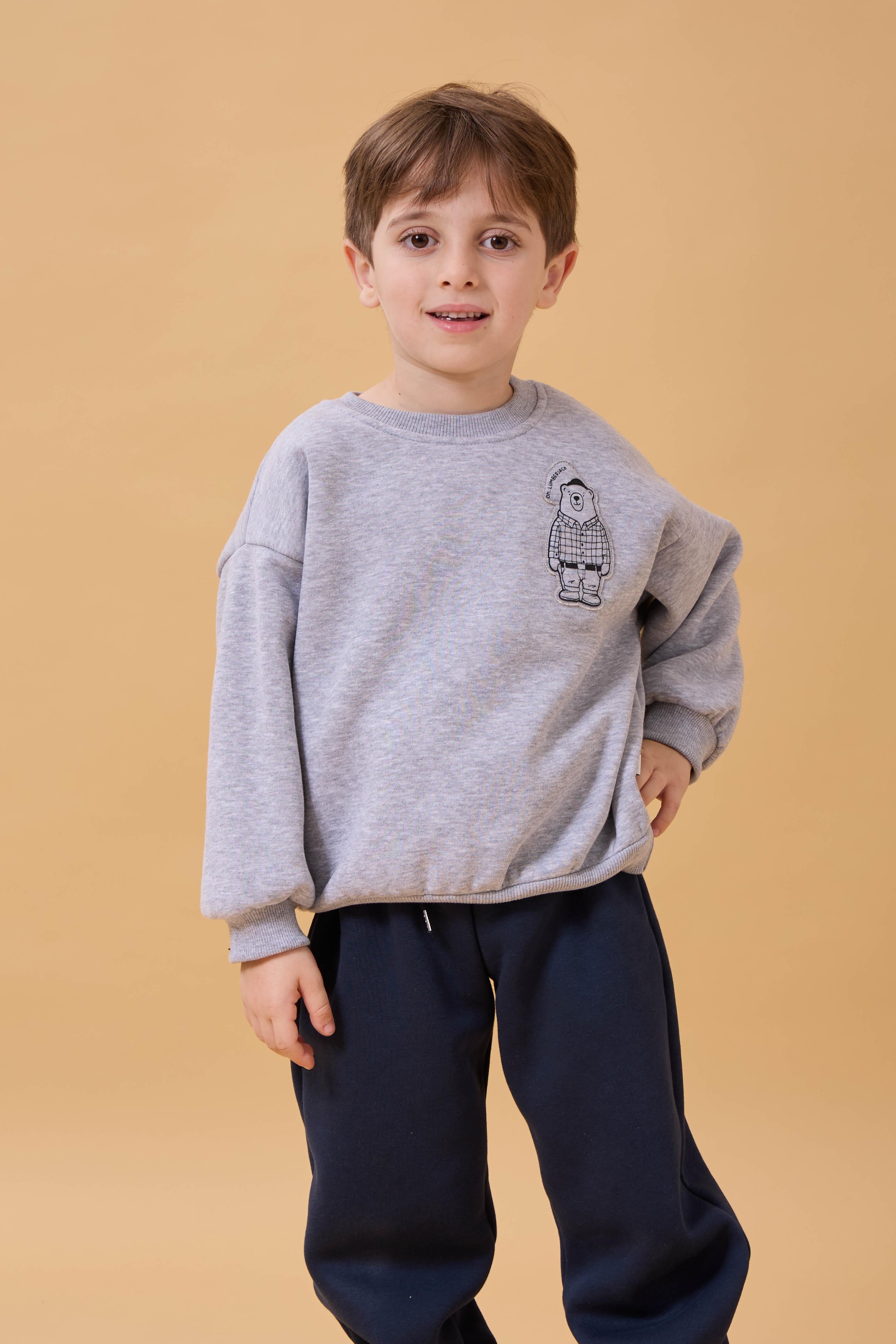 Erkek Çocuk Bisiklet Yaka Ayı Baskılı Sweatshirt Gri Melanj