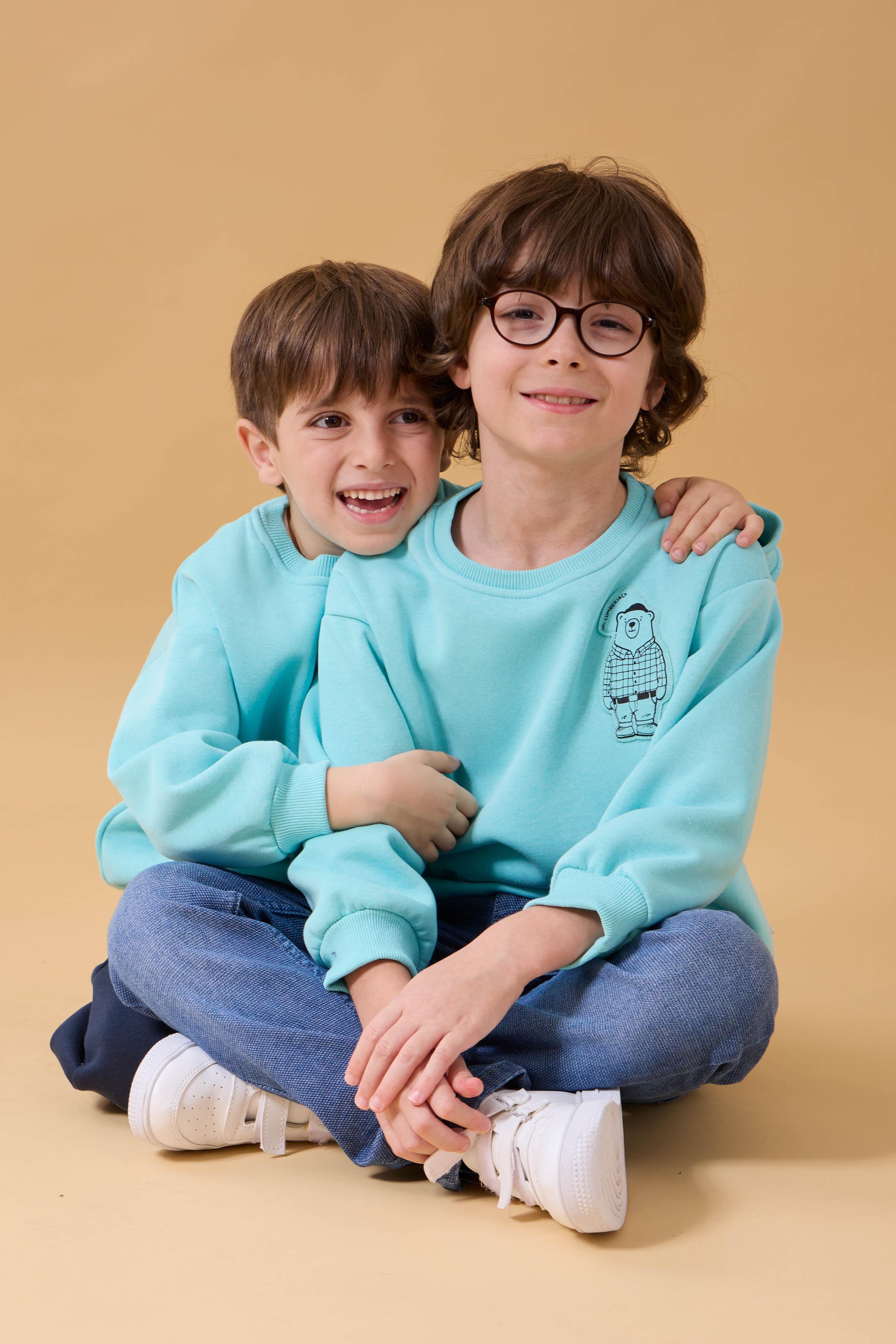 Erkek Çocuk Bisiklet Yaka Ayı Baskılı Sweatshirt Su Yeşili