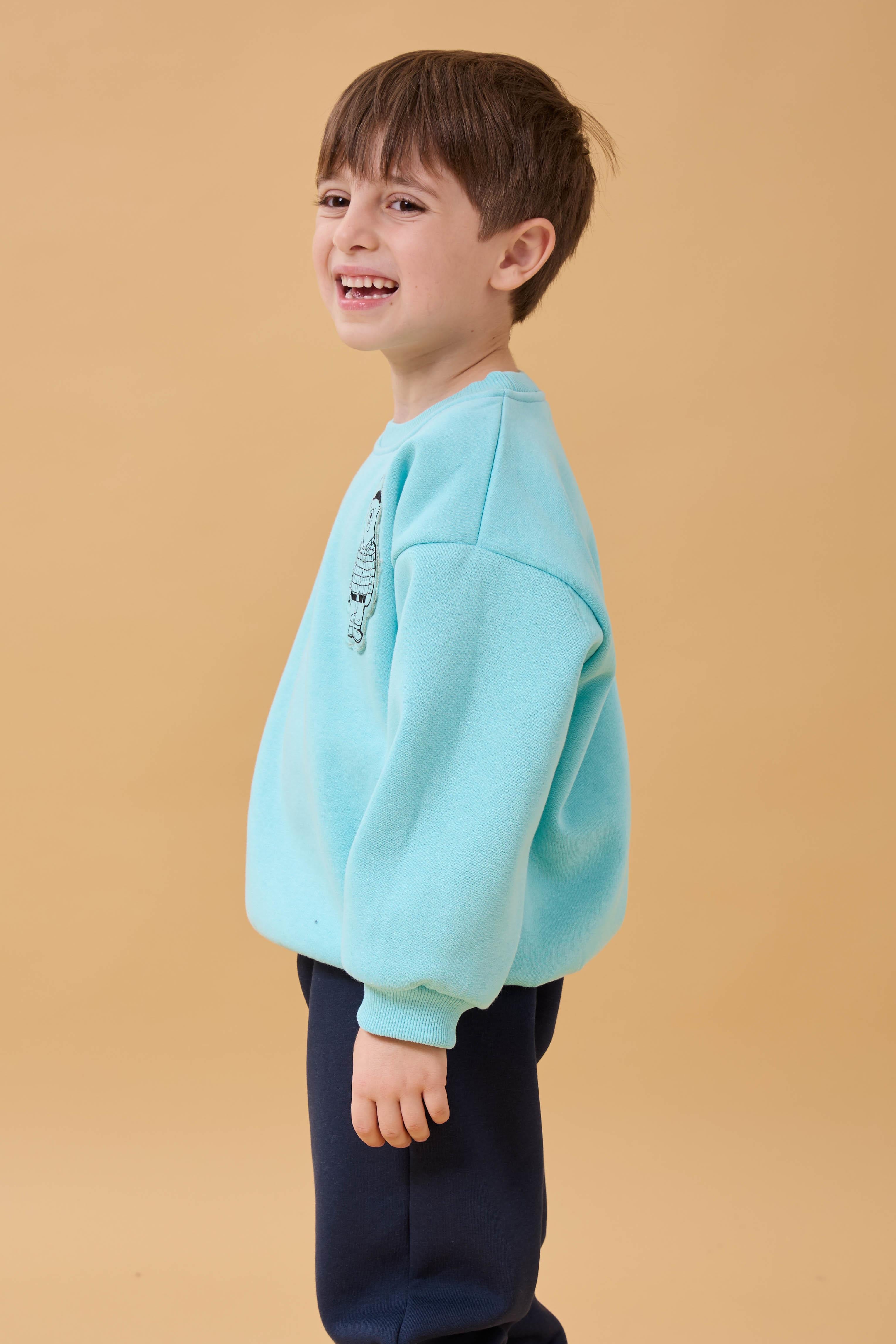 Erkek Çocuk Bisiklet Yaka Ayı Baskılı Sweatshirt Su Yeşili