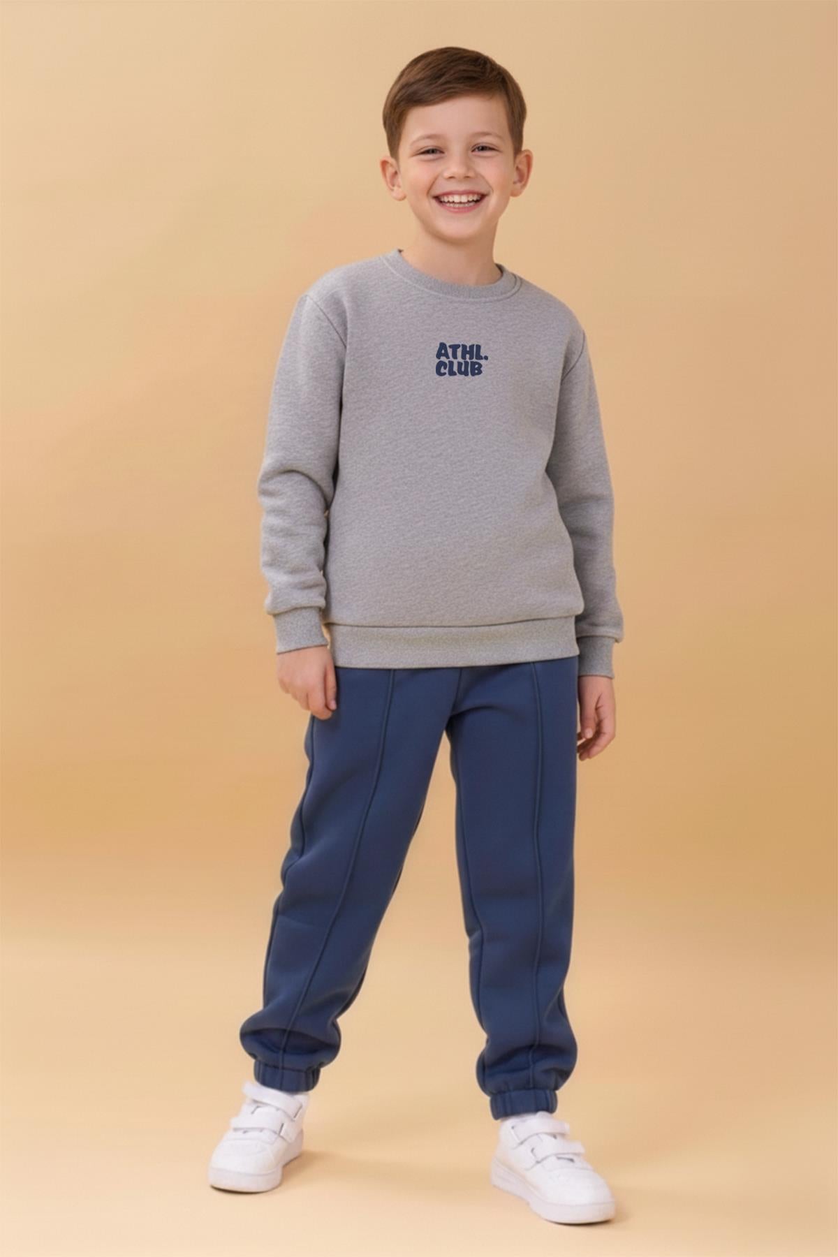 Erkek Çocuk Bisiklet Yaka Nakışlı Kışlık Takım - Gri
