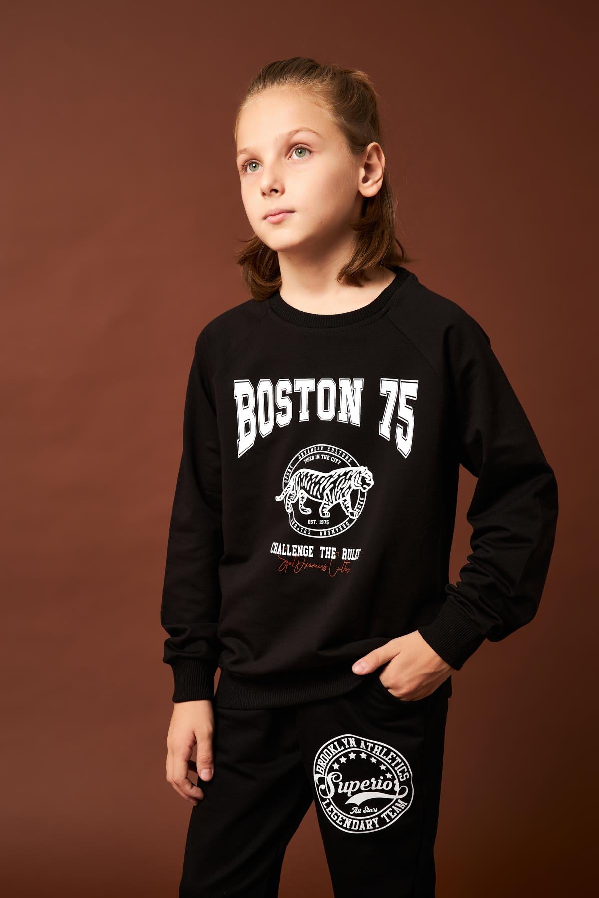 Boston Baskılı Erkek Çocuk Sweatshirt Siyah