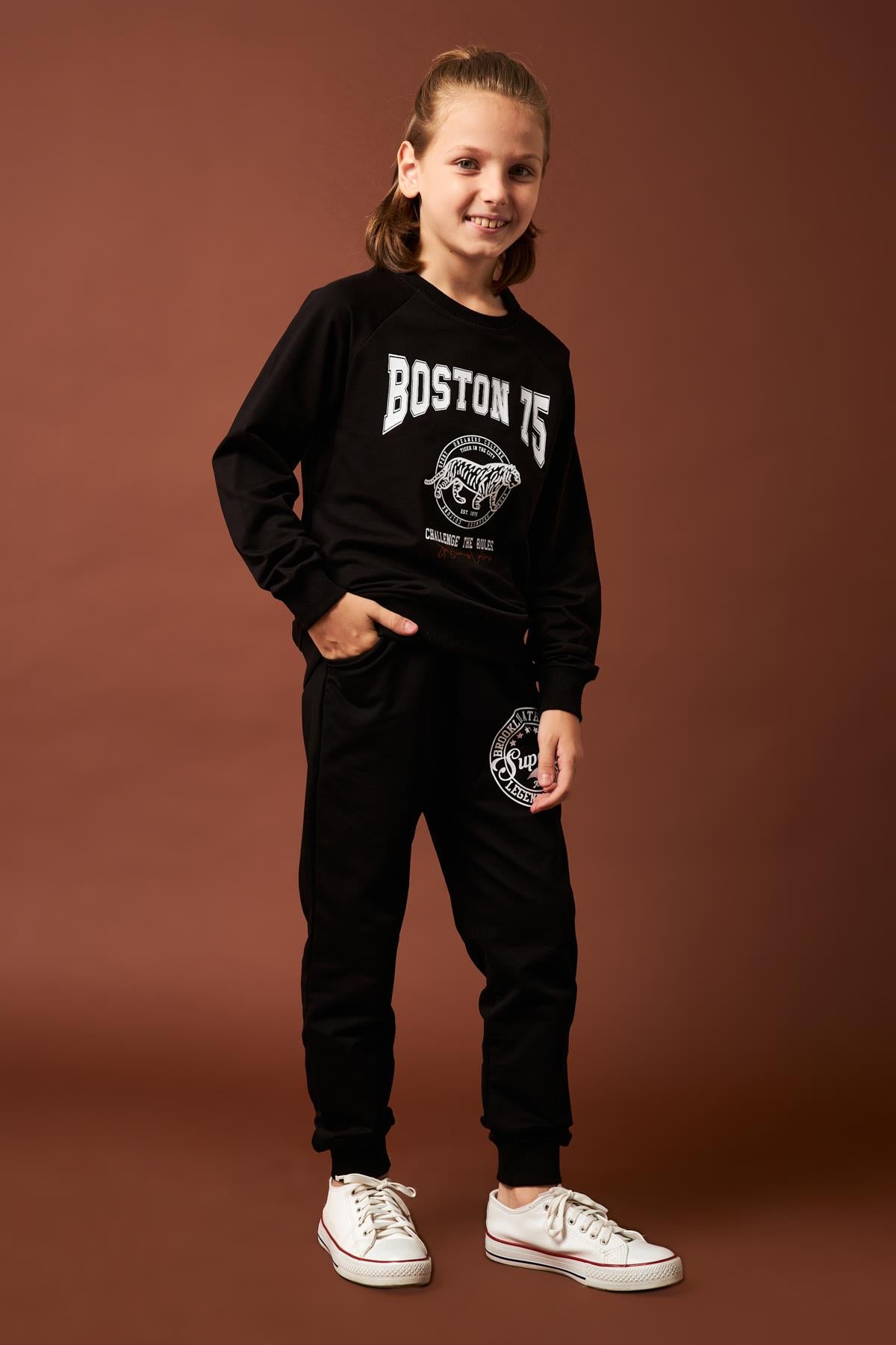 Boston Baskılı Erkek Çocuk Sweatshirt Siyah