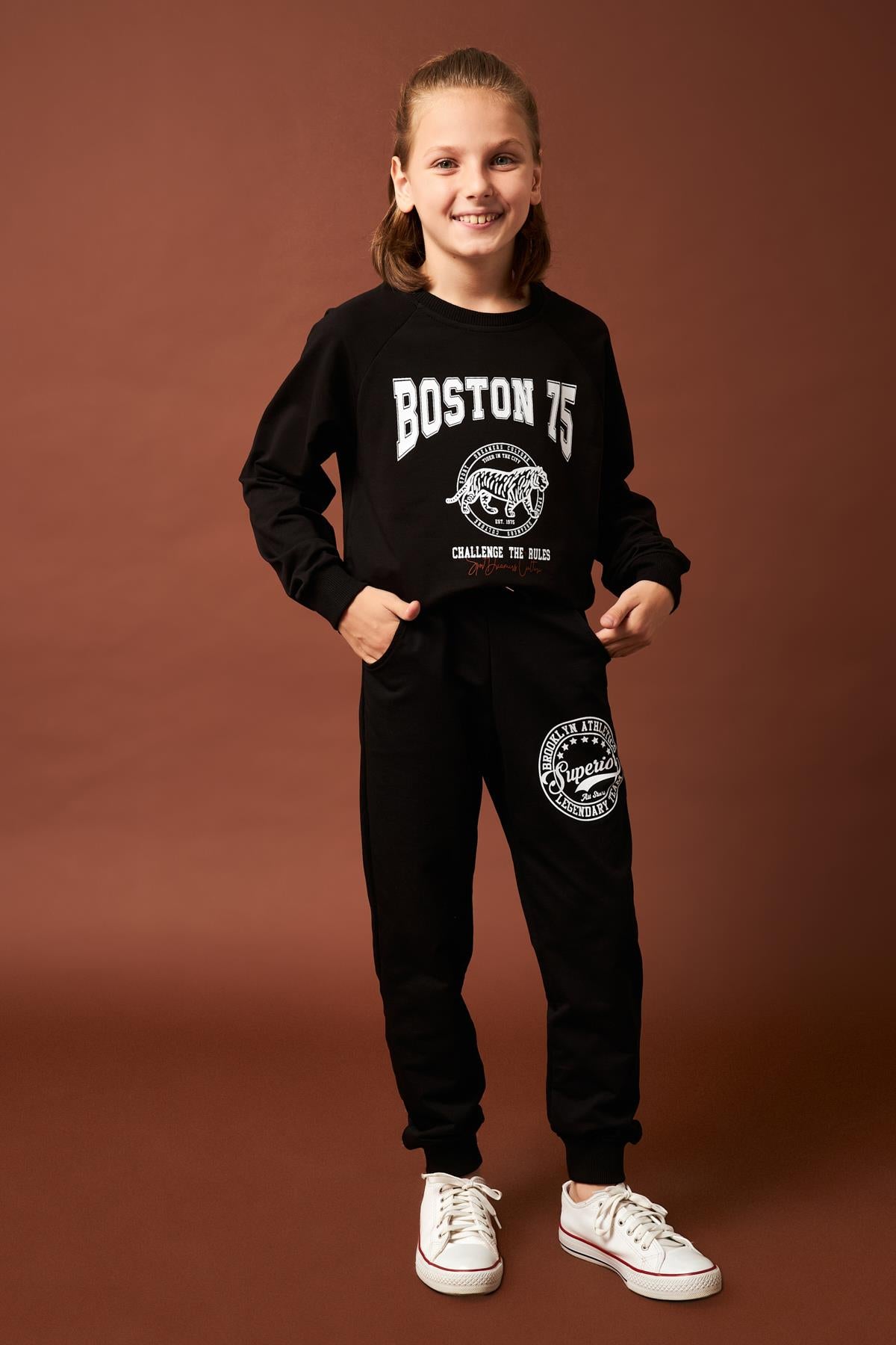 Boston Baskılı Erkek Çocuk Sweatshirt Siyah